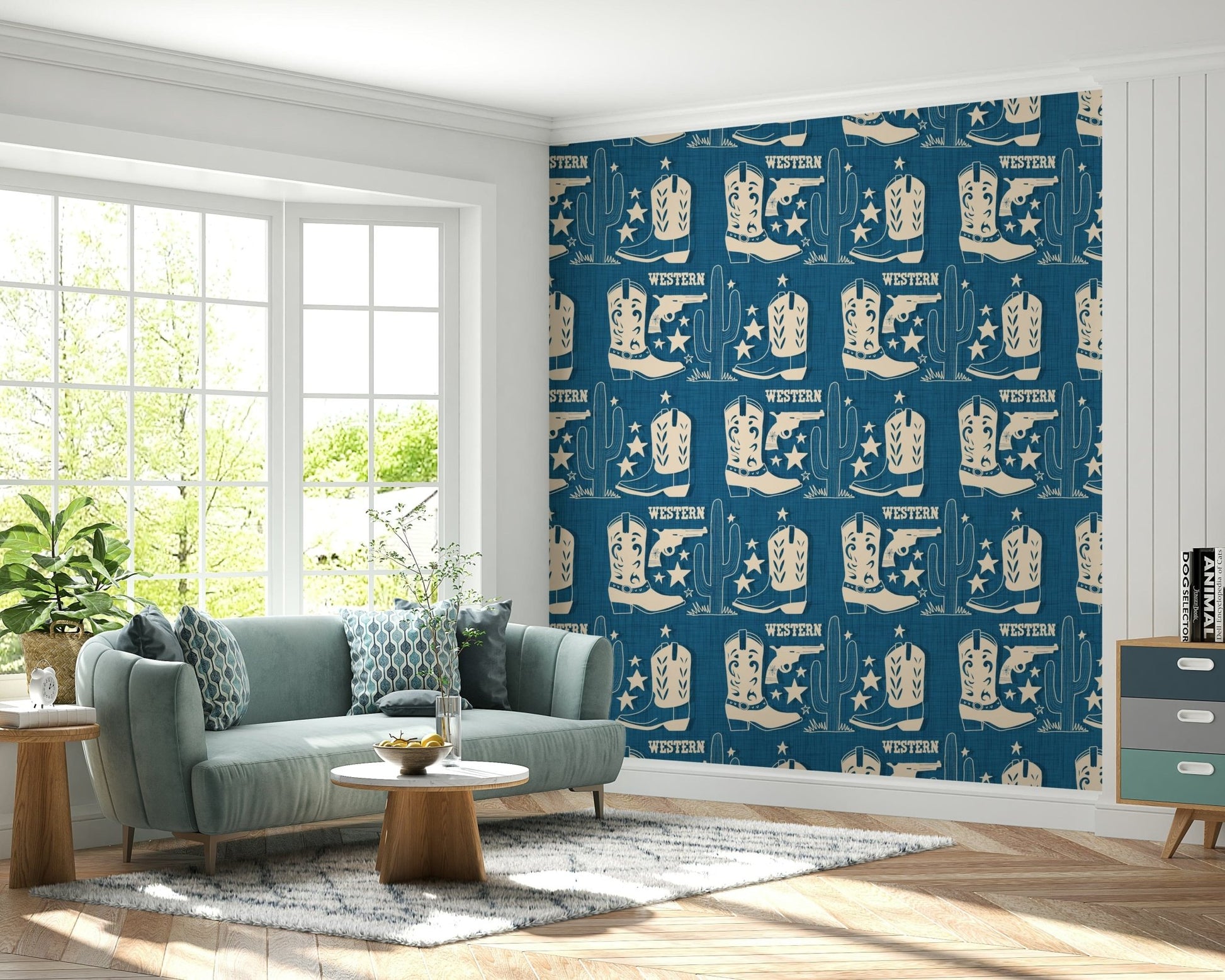 Country Western wallpaper featuring illustrated boots, stars, and cactuses on a warm tan backdrop.
