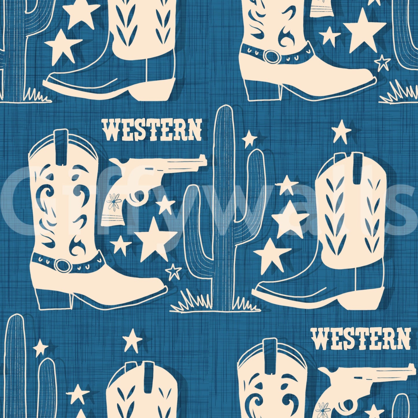 Cowboy Dreams wallpaper with earthy beige tones and repeating Western iconography.
