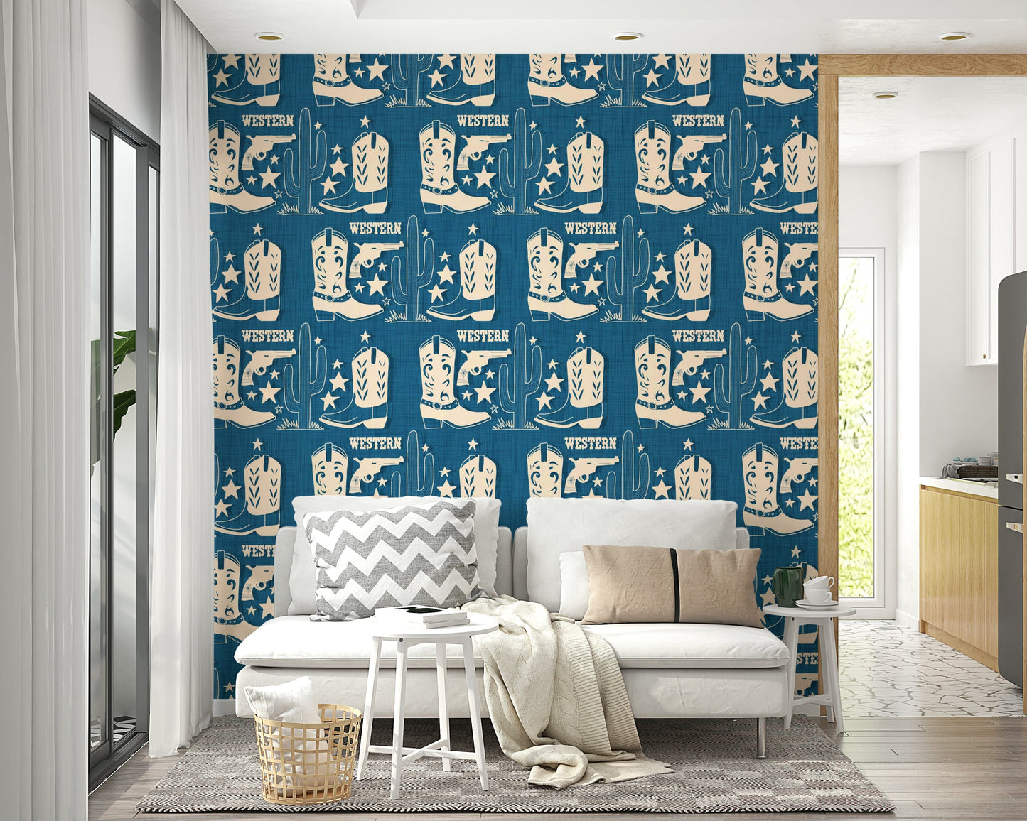 Cowboy Dreams wallpaper mural with sketch-style Western icons arranged in a seamless pattern.