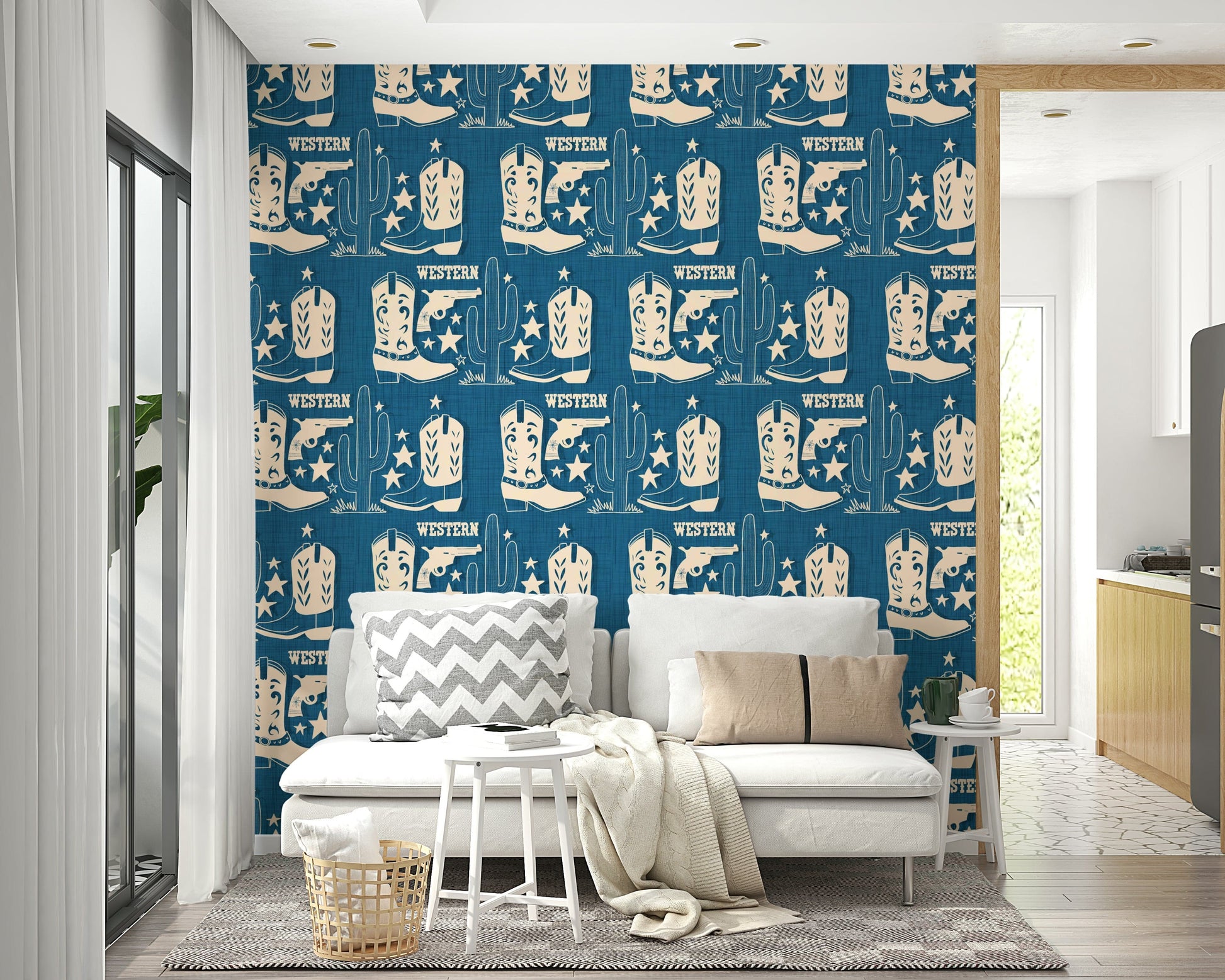 Cowboy Dreams wallpaper mural with sketch-style Western icons arranged in a seamless pattern.