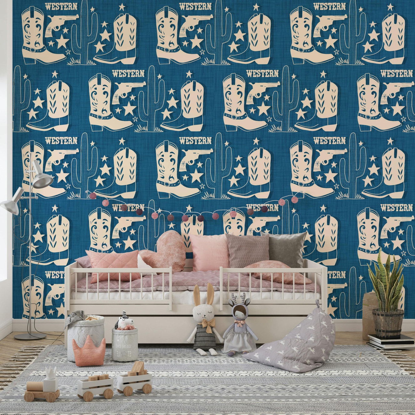Cowboy Dreams wallpaper featuring Western boots, cacti, stars, and pistols in a rustic beige palette.