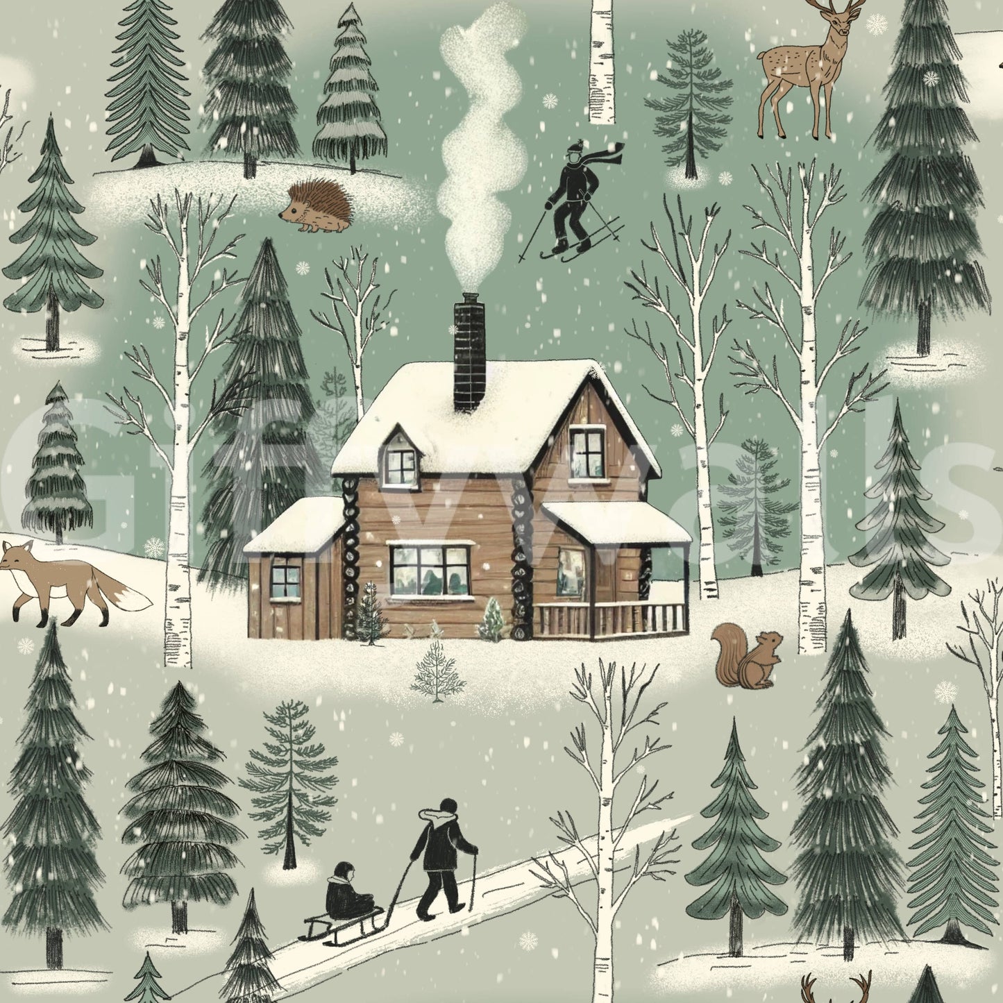 Winter Cabin Charm wallpaper of an illustrated snowy scene with a wood cabin, pine trees, fox and deer in sage green