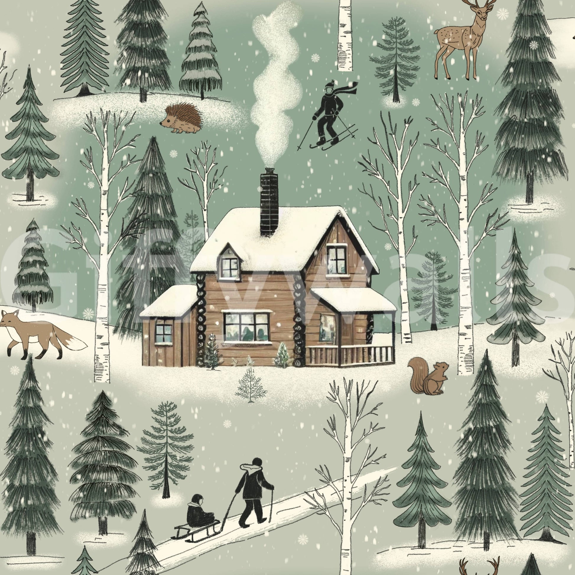 Winter Cabin Charm wallpaper of an illustrated snowy scene with a wood cabin, pine trees, fox and deer in sage green