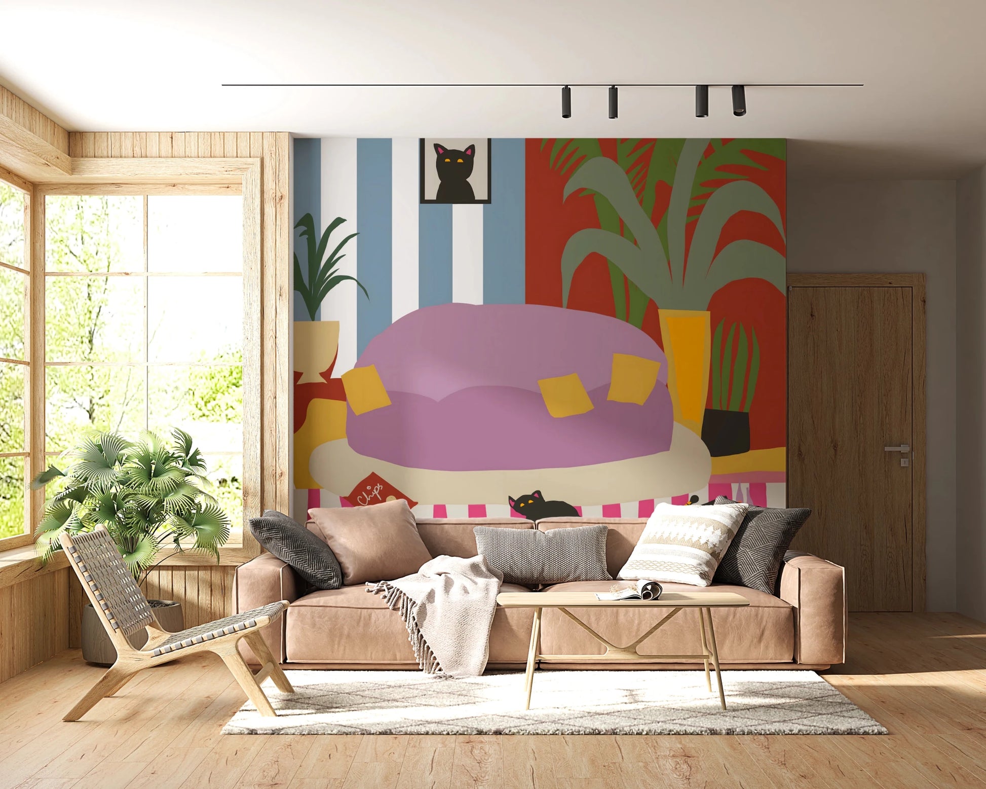Cozy Cat Life Living Room Striped Wall Mural