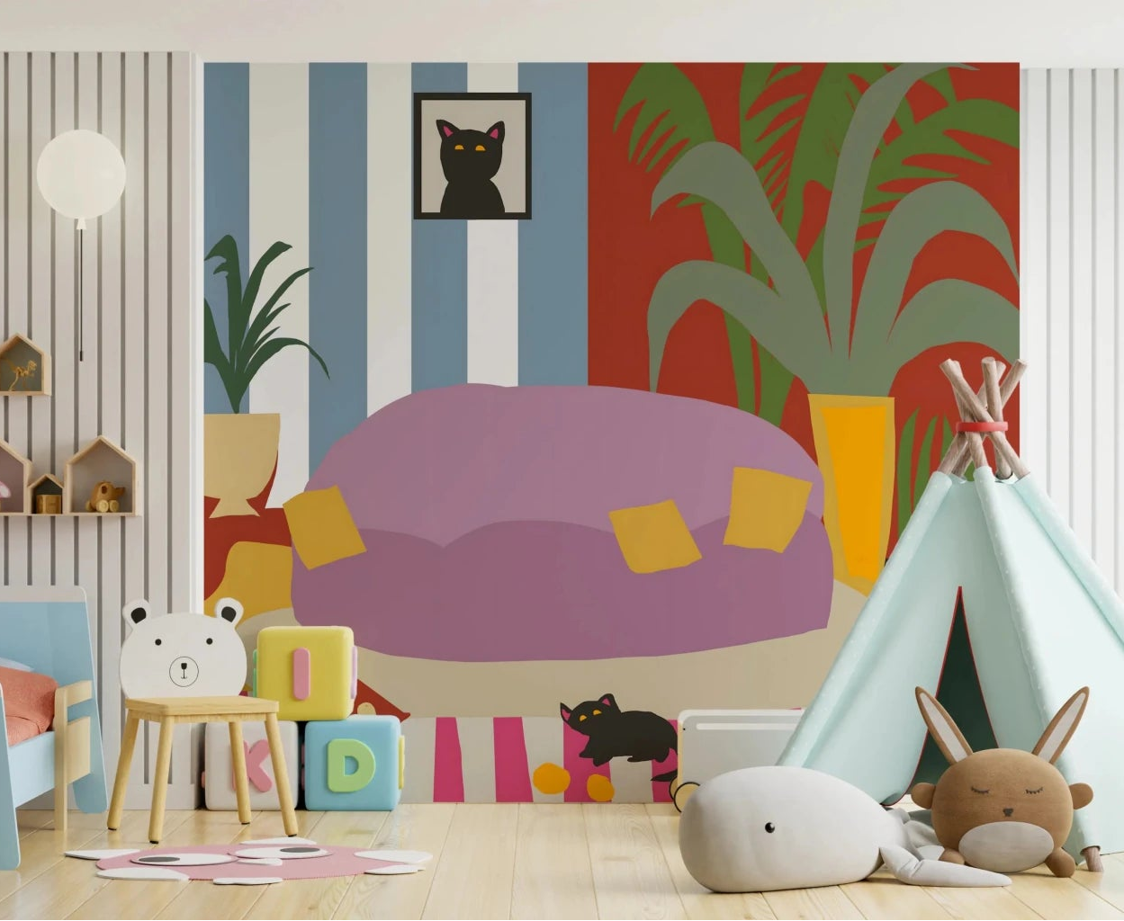 Cozy Cat Life Living Room Striped Wall Mural