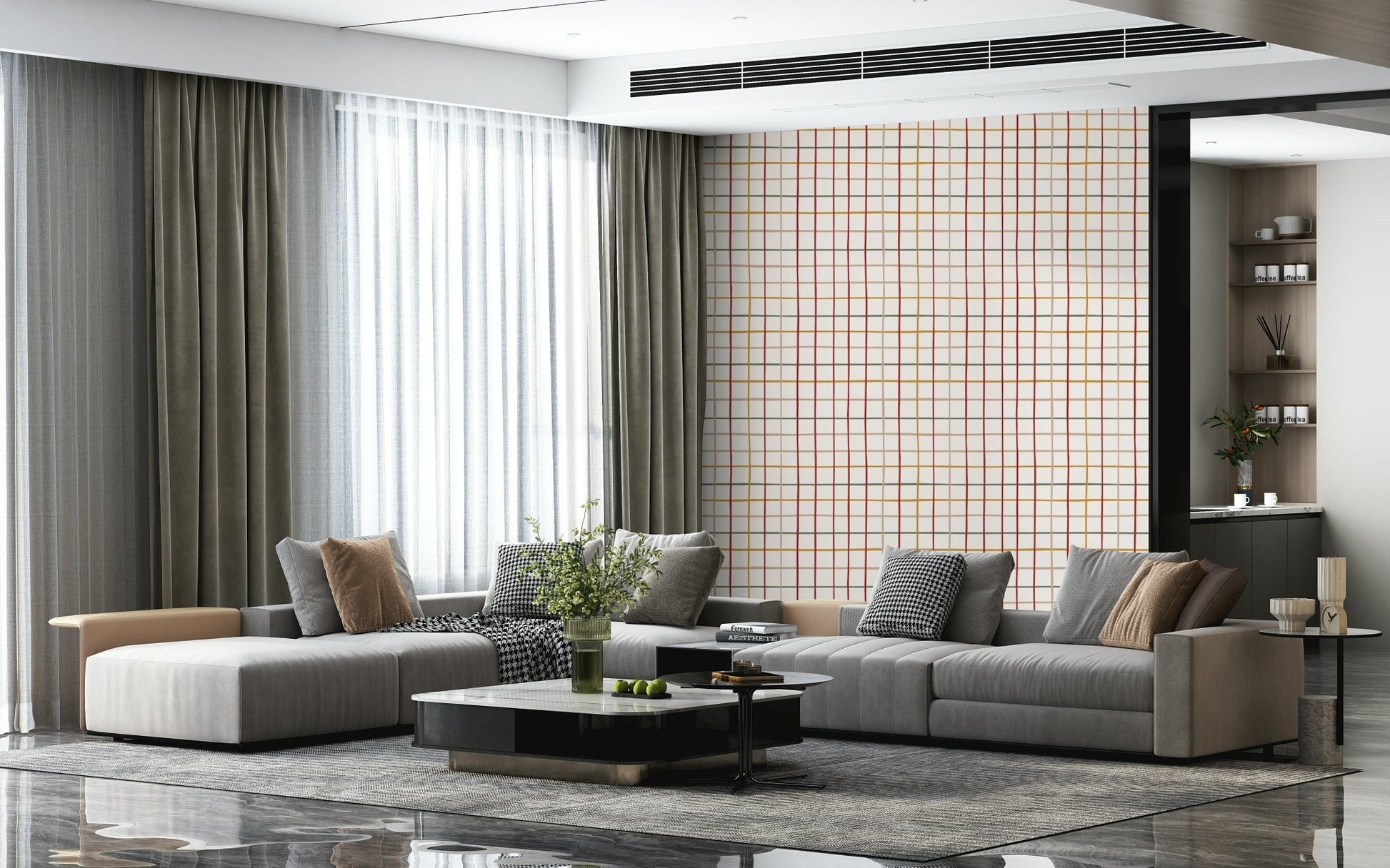 Neutral warm checkered pattern wallpaper creating a soothing, inviting ambiance.