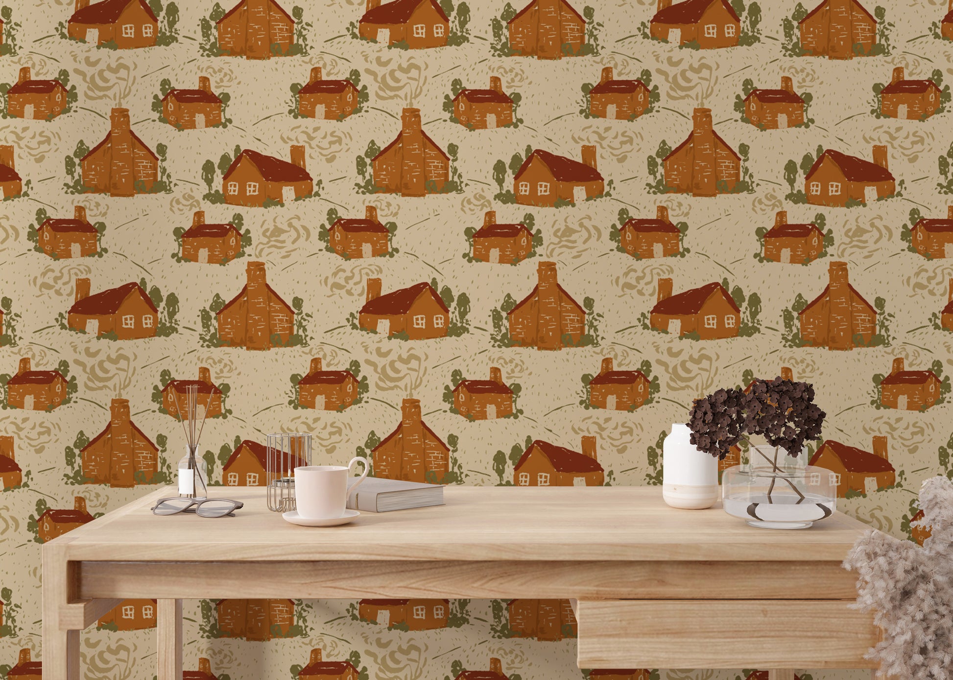 Cozy cottages wallpaper mural for a nostalgic, storybook charm.

