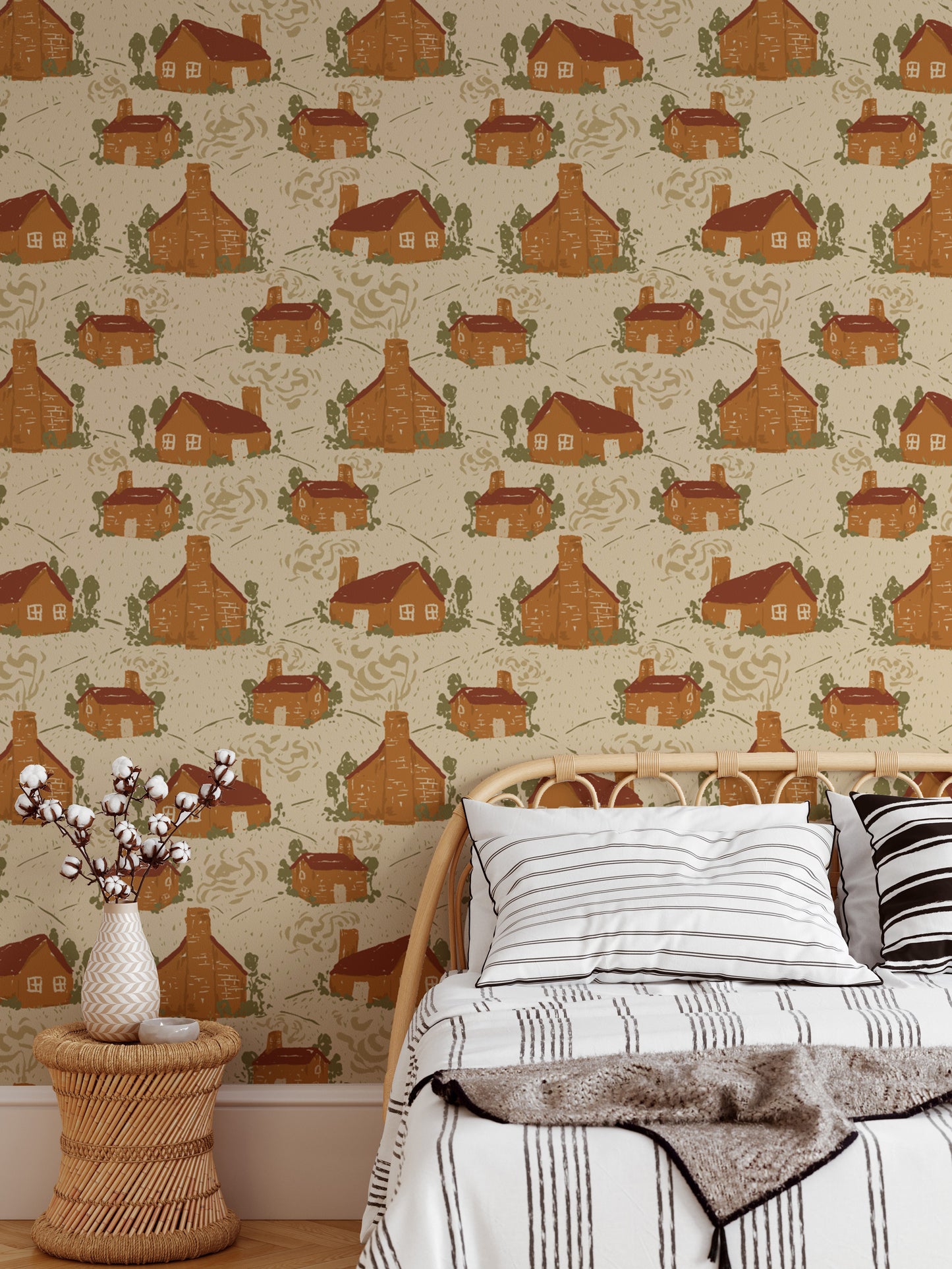 Elegant cozy cottages mural for a warm and inviting wall design.
