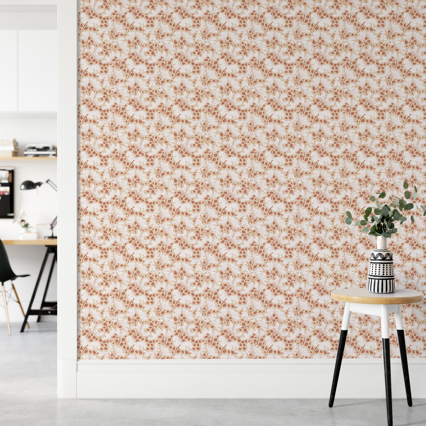Minimalist foliage wallpaper in warm cream tones

