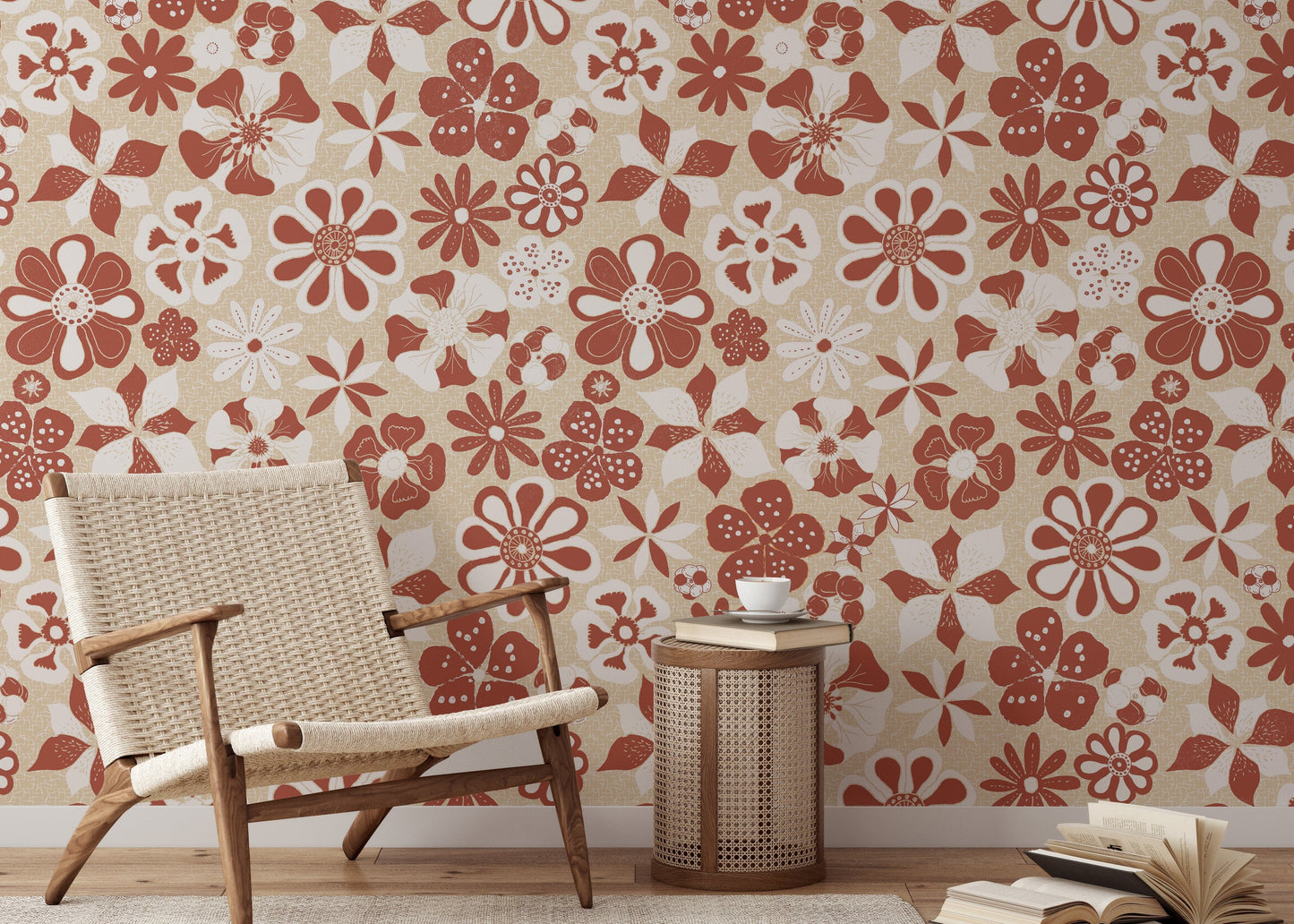 Cozy abstract flower mural with warm cream palette

