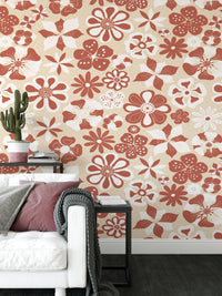 Cream-colored floral wallpaper with surreal flower faces


