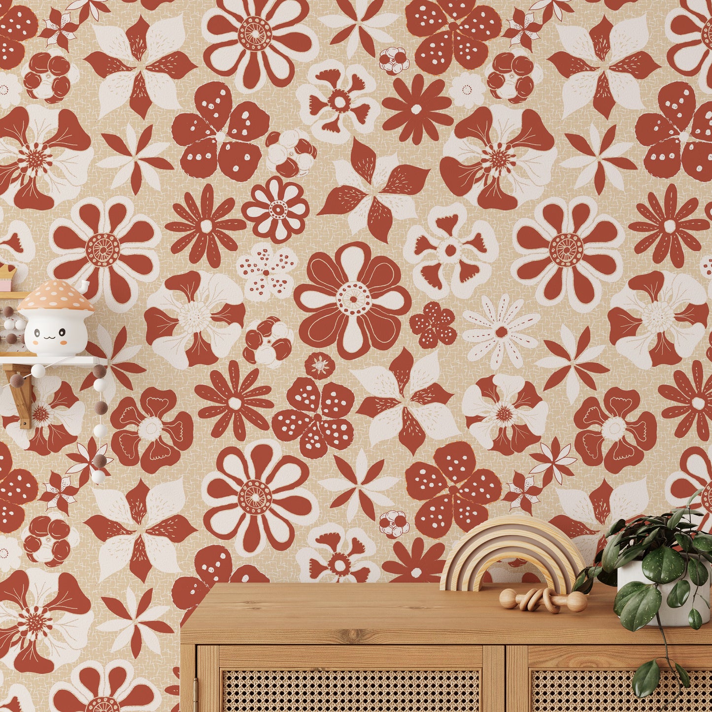 Peel and stick bold flower wallpaper in soft cream tones

