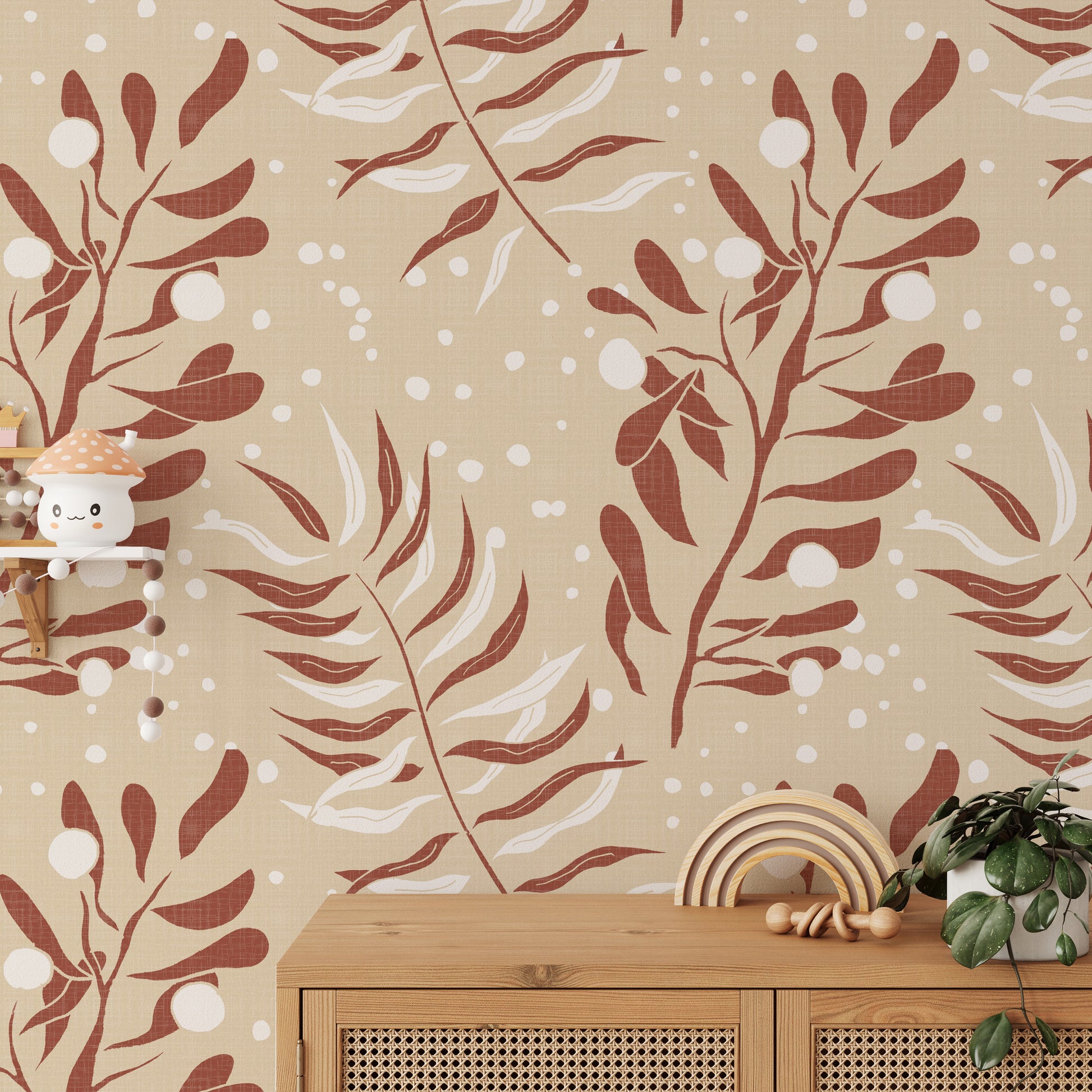 Peel and stick palm leaf mural in warm beige hues

