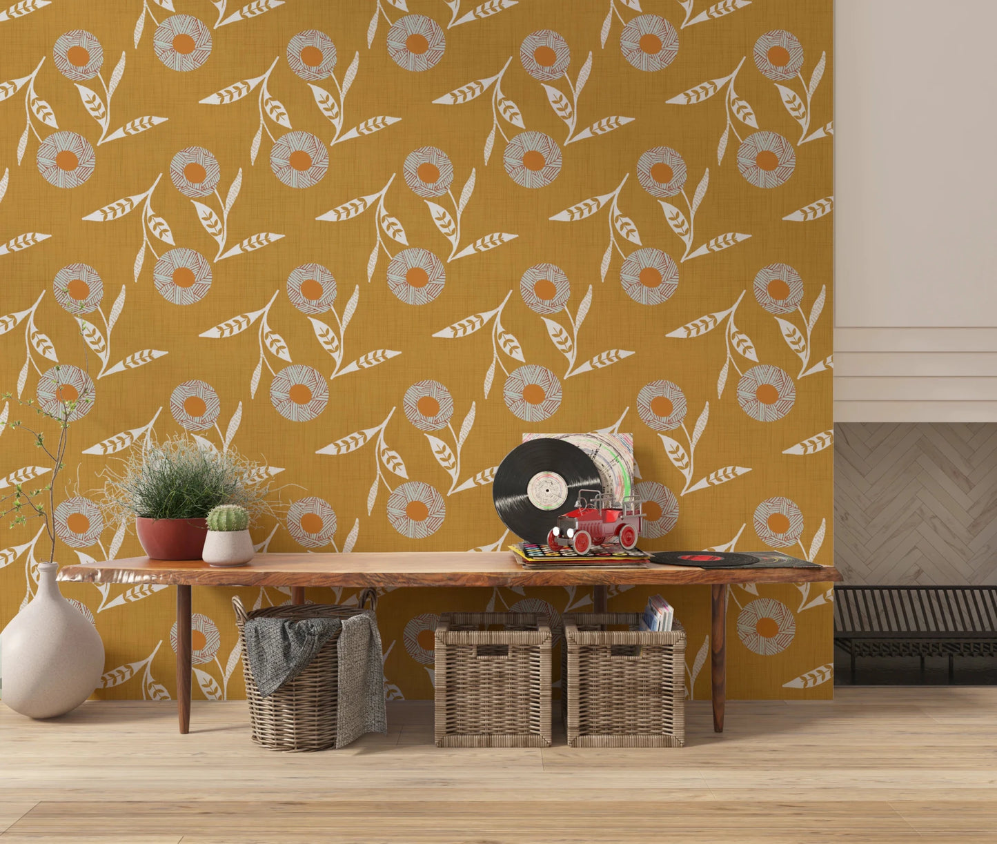 Cozy Scandi Flower Honey Mustard - Craft Botanical Wallpaper⁠