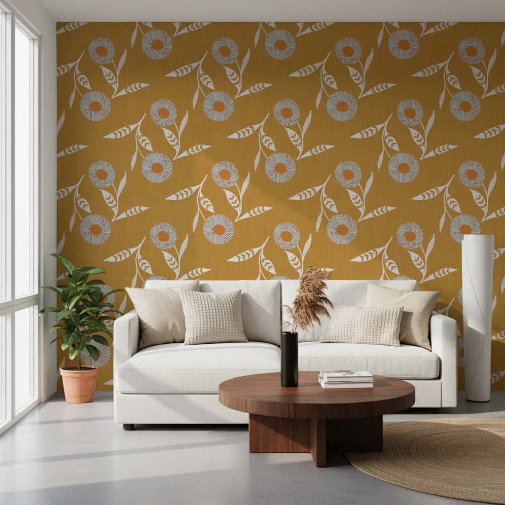 Cozy Scandi Flower Honey Mustard - Craft Botanical Wallpaper⁠