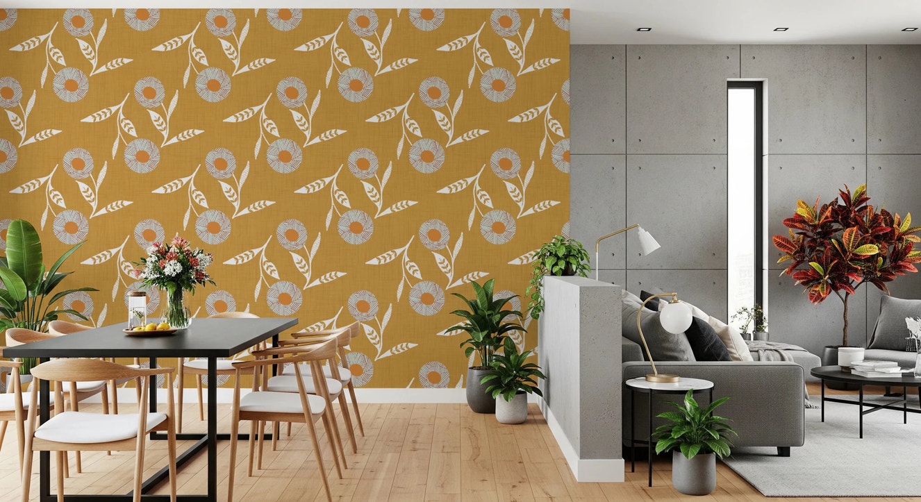 Cozy Scandi Flower Honey Mustard - Craft Botanical Wallpaper⁠