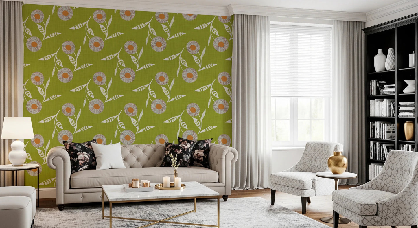 Cozy Scandi Flower Olive Chartreuse - Craft Botanical Wallpaper⁠