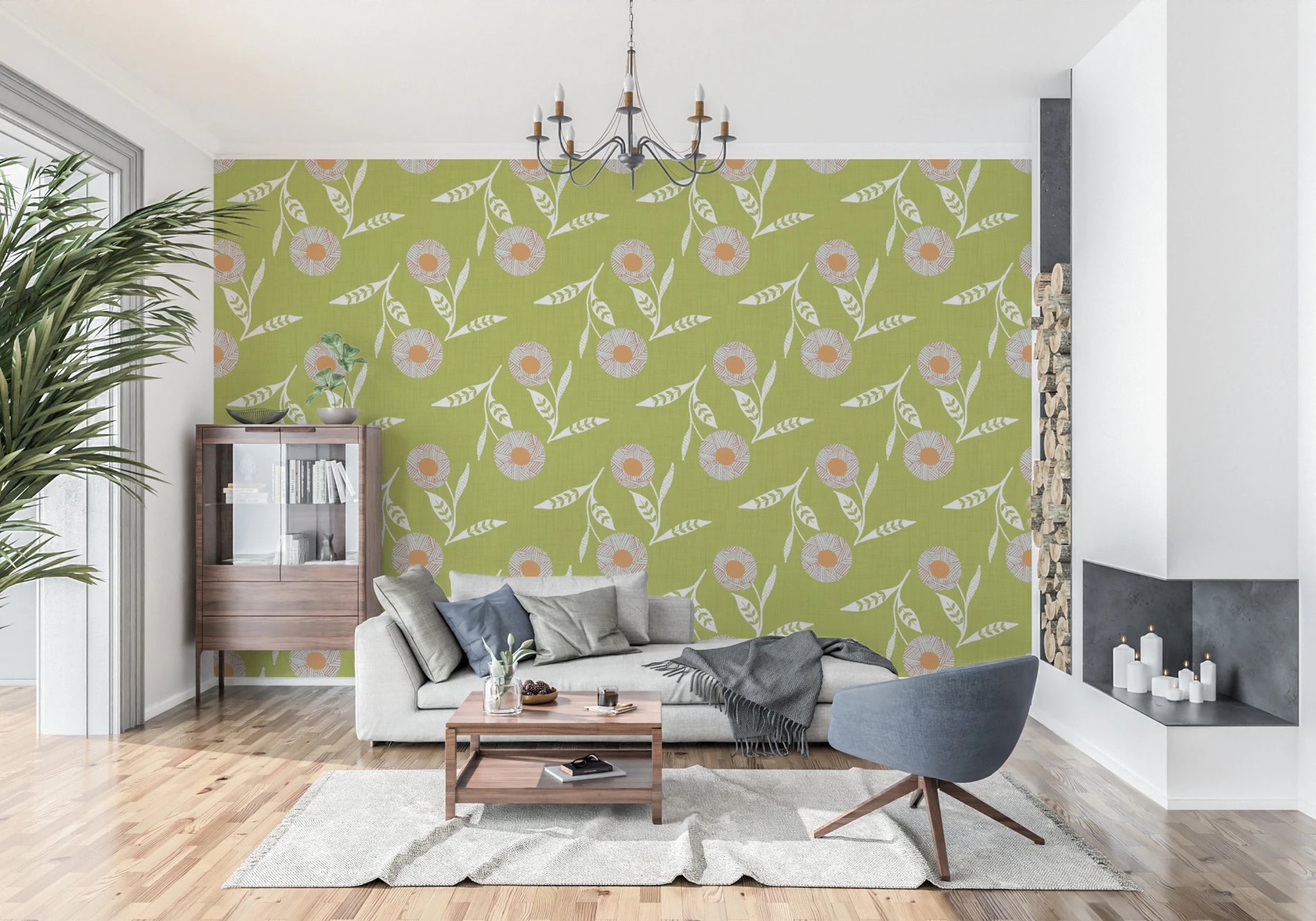 Cozy Scandi Flower Olive Chartreuse - Craft Botanical Wallpaper⁠