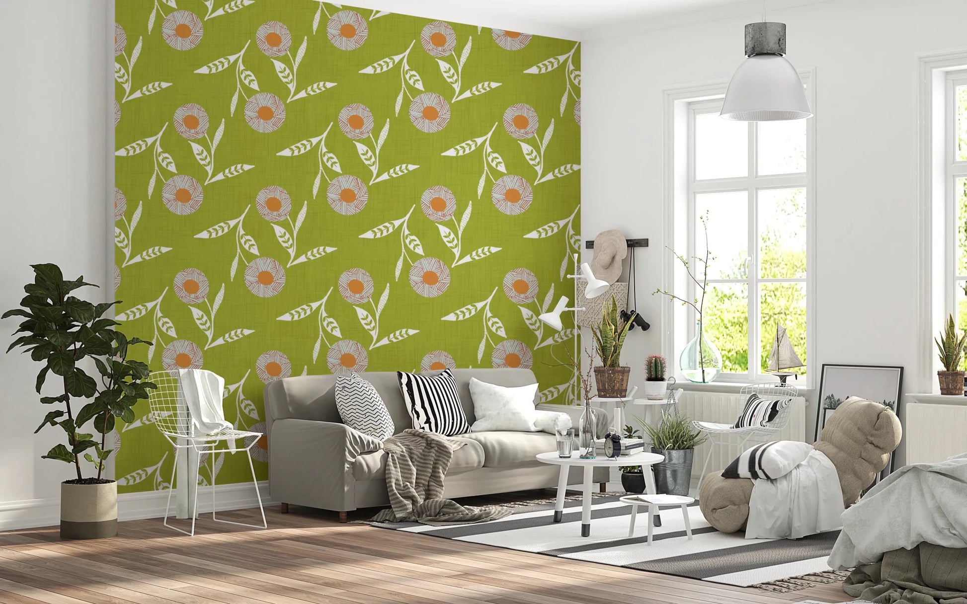 Cozy Scandi Flower Olive Chartreuse - Craft Botanical Wallpaper⁠