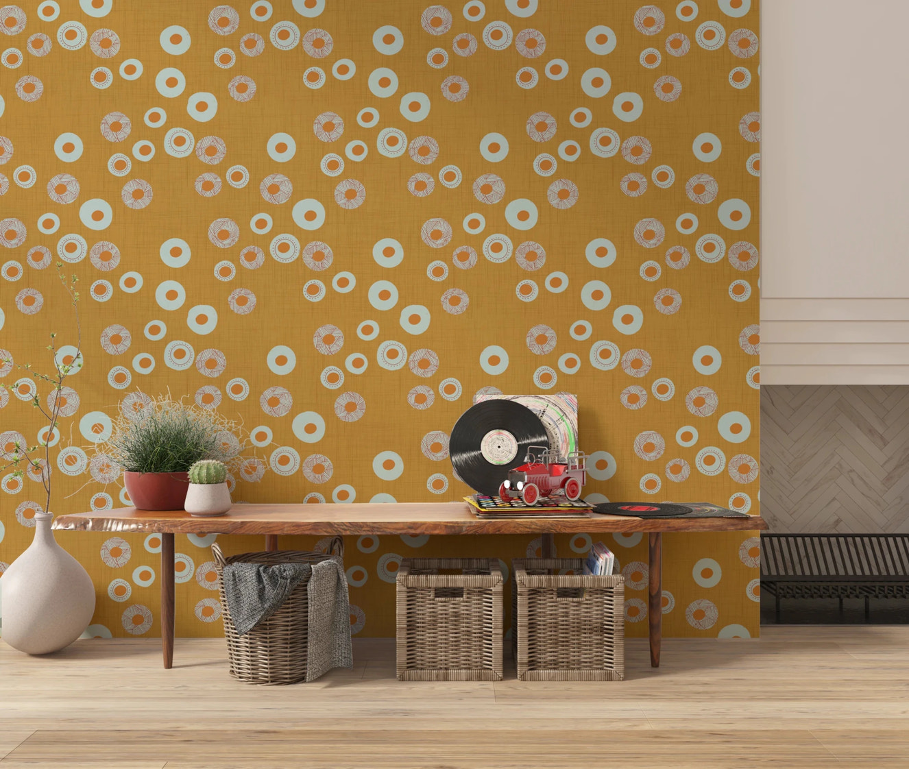 Cozy Scandi Folk Dot Floral Honey Mustard - Craft Circle Wallpaper⁠