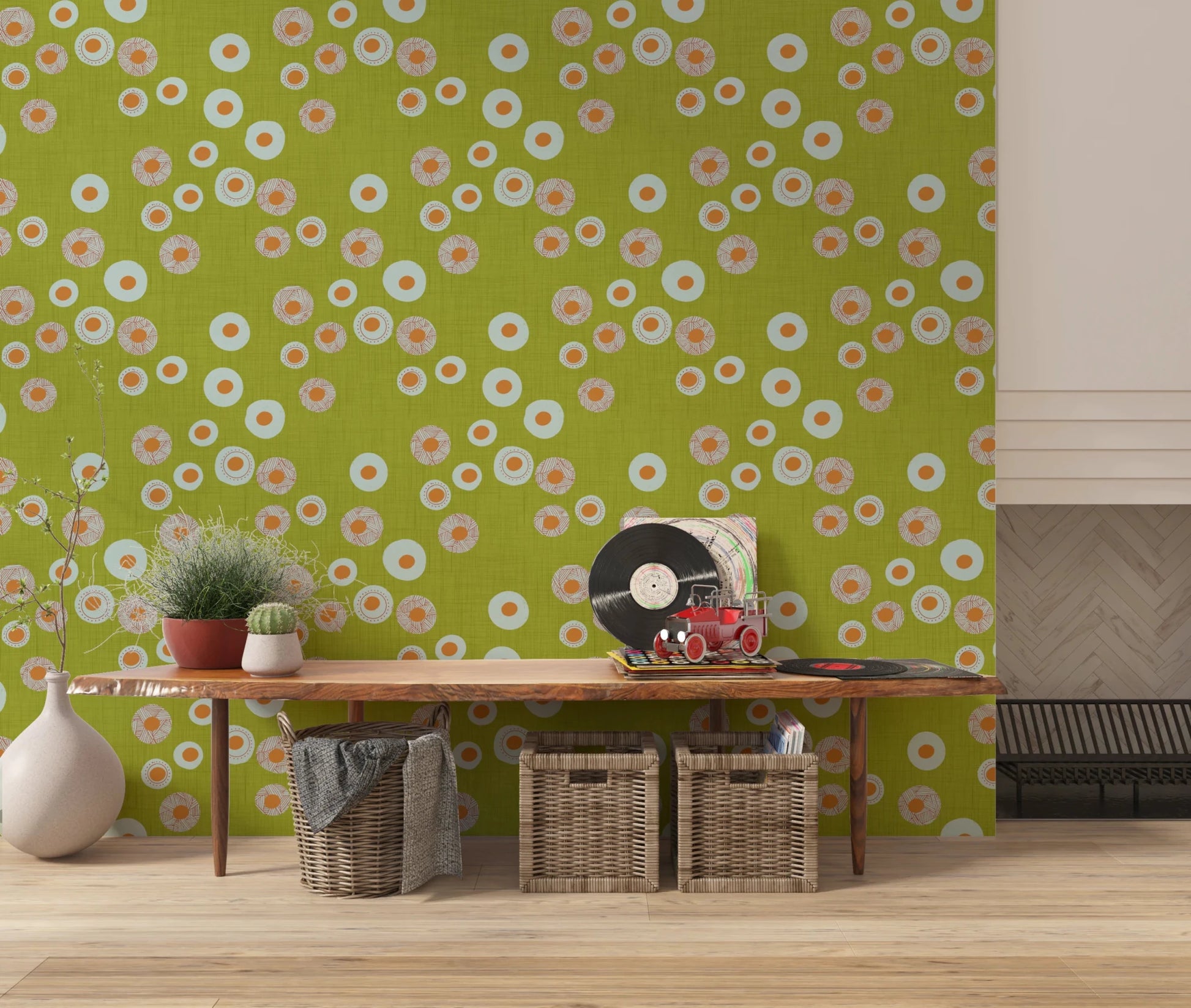 Cozy Scandi Folk Dot Floral Olive Chartreuse - Craft Circle Wallpaper⁠
