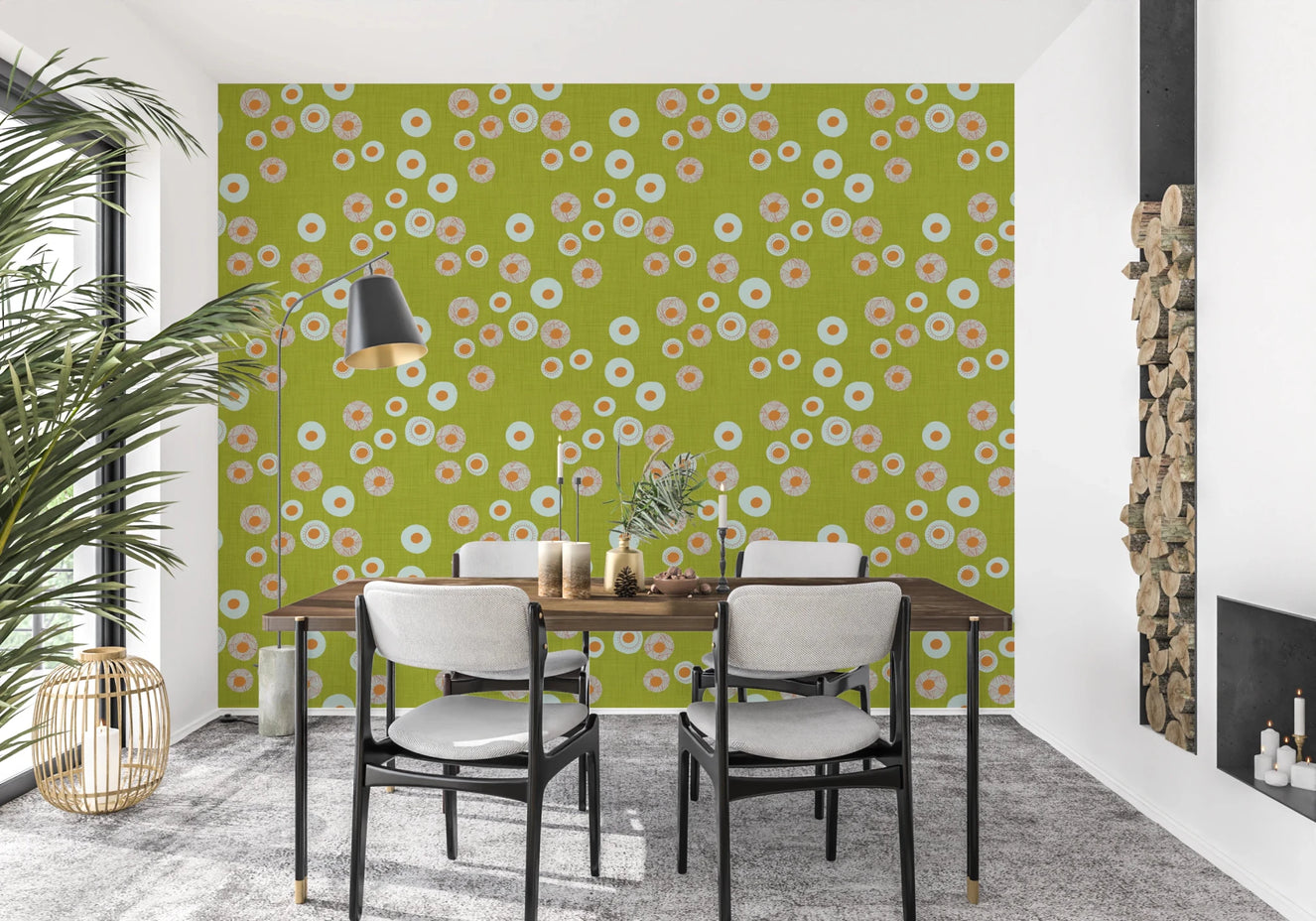 Cozy Scandi Folk Dot Floral Olive Chartreuse - Craft Circle Wallpaper⁠