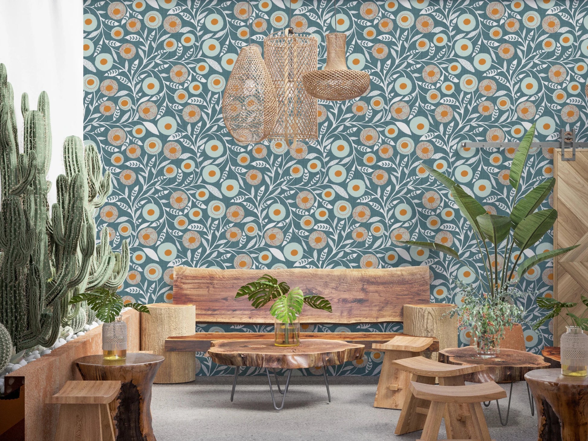 Cozy Scandi Folk Floral Nordic Blue Grey - Craft Botanical Wallpaper⁠