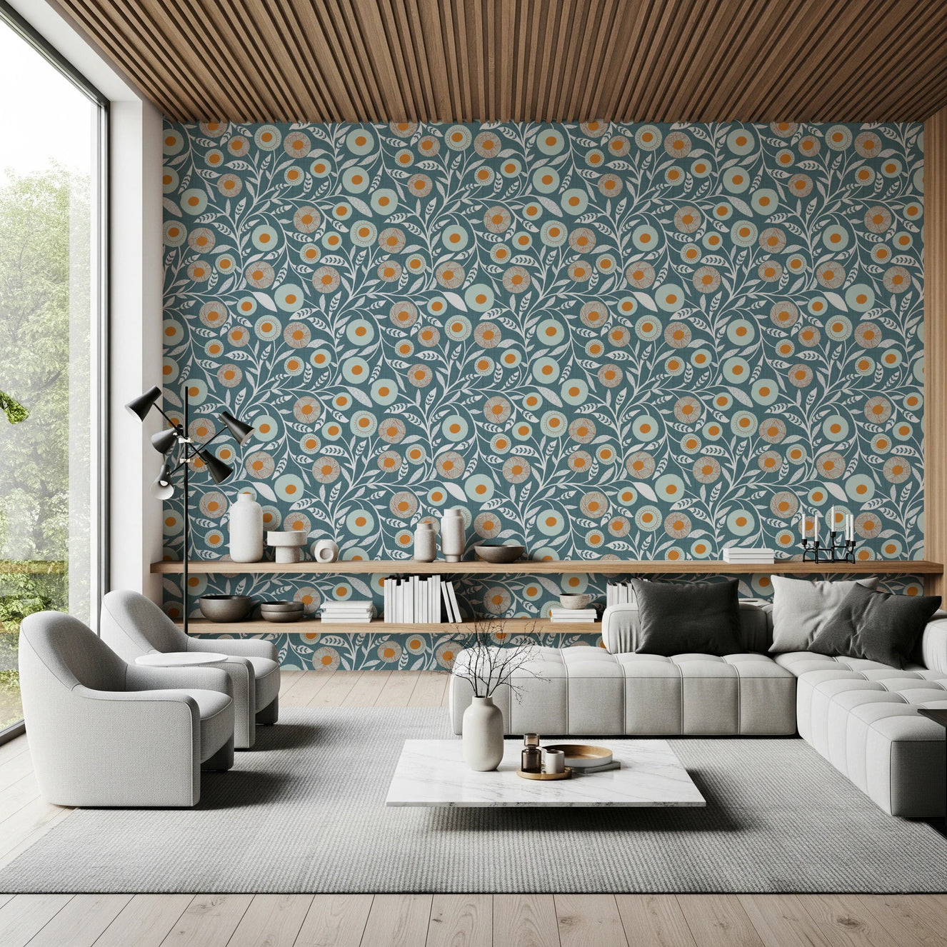 Cozy Scandi Folk Floral Nordic Blue Grey - Craft Botanical Wallpaper⁠