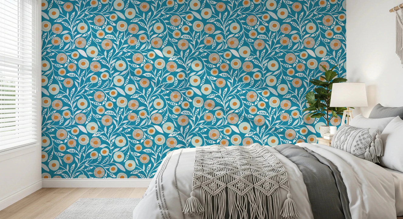 Cozy Scandi Folk Floral Nordic Teal - Craft Botanical Wallpaper⁠