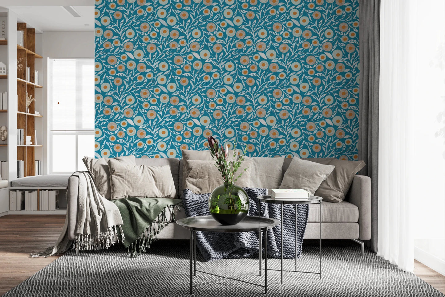 Cozy Scandi Folk Floral Nordic Teal - Craft Botanical Wallpaper⁠