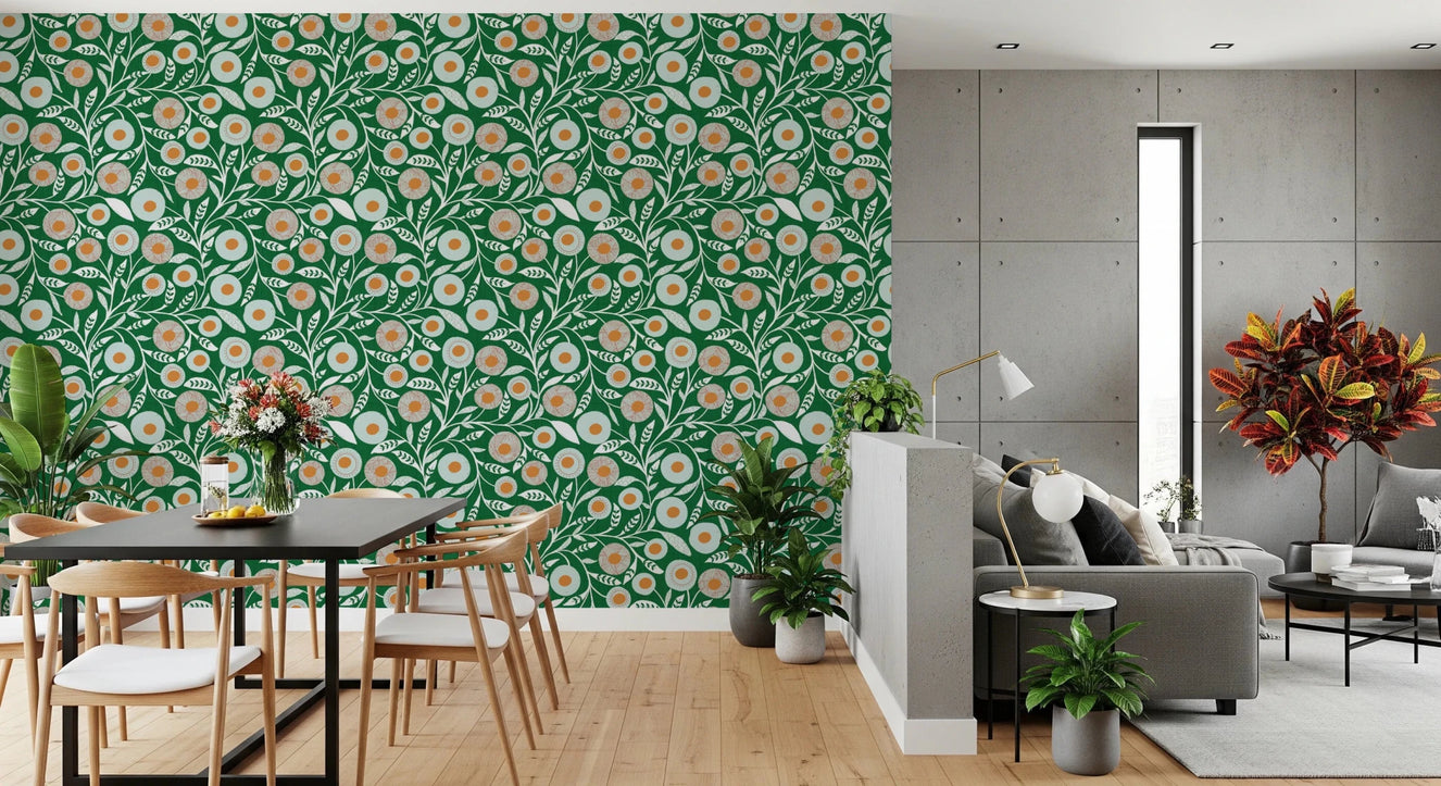 Cozy Scandi Folk Floral Olive Chartreuse - Craft Botanical Wallpaper⁠