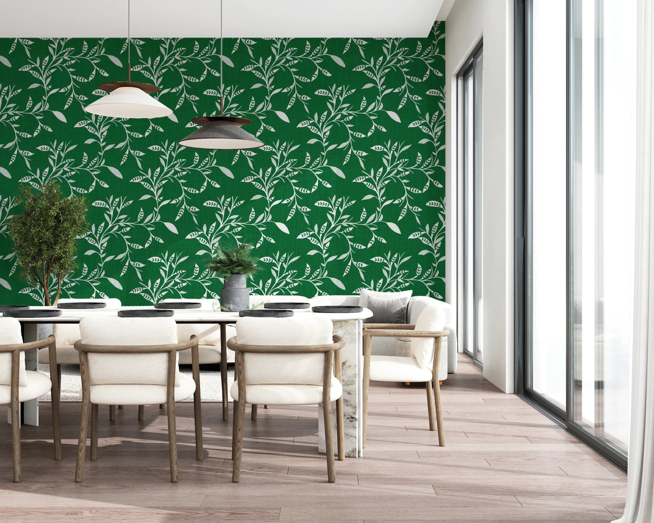 Cozy Scandi Folk Leaf Vine Forest Green - Craft Blender Wallpaper⁠