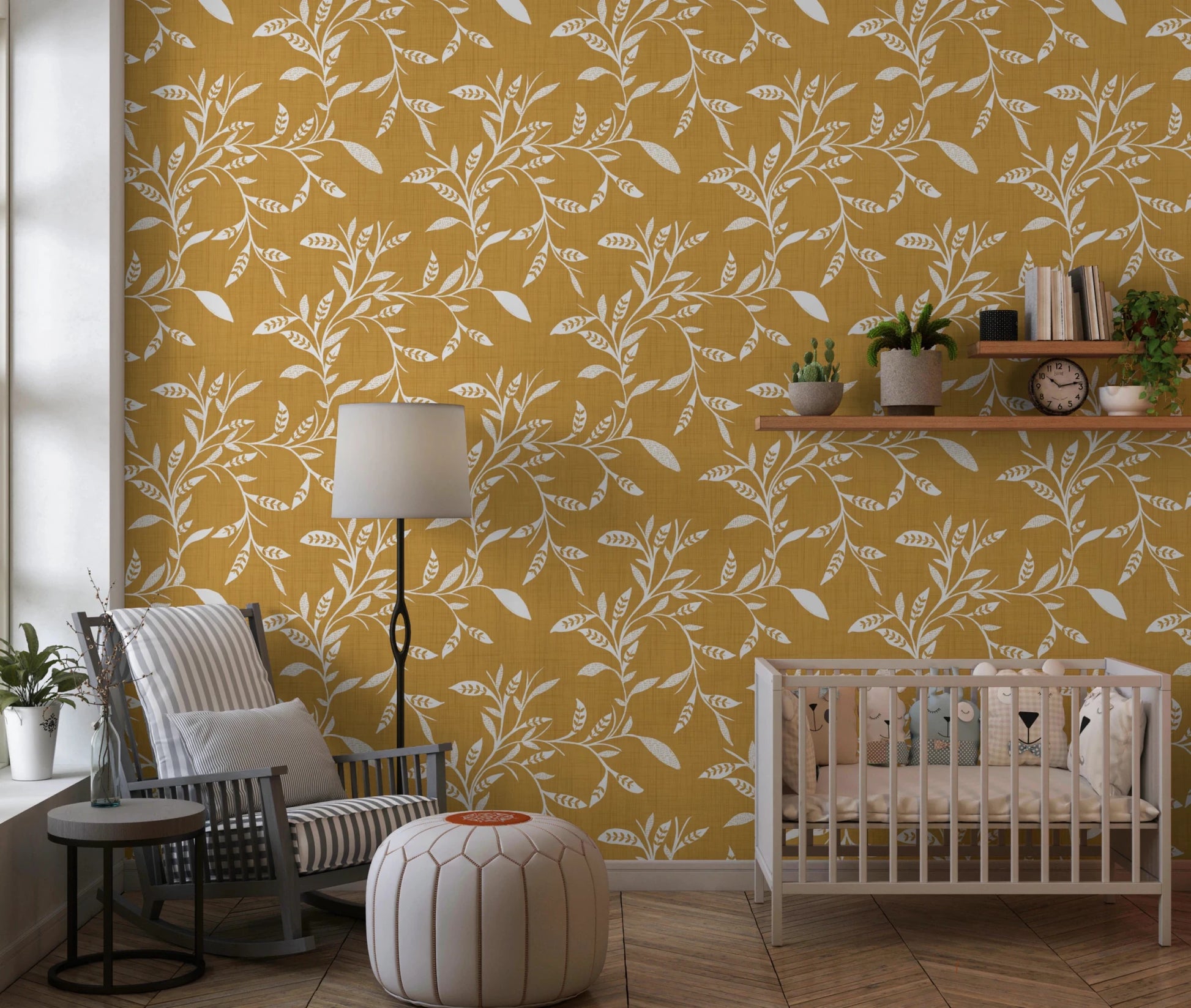 Cozy Scandi Folk Leaf Vine Honey Mustard - Craft Blender Wallpaper⁠
