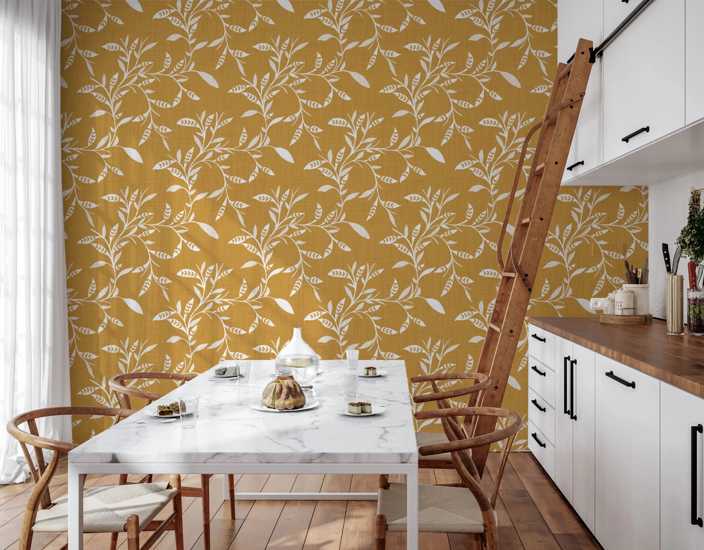 Cozy Scandi Folk Leaf Vine Honey Mustard - Craft Blender Wallpaper⁠