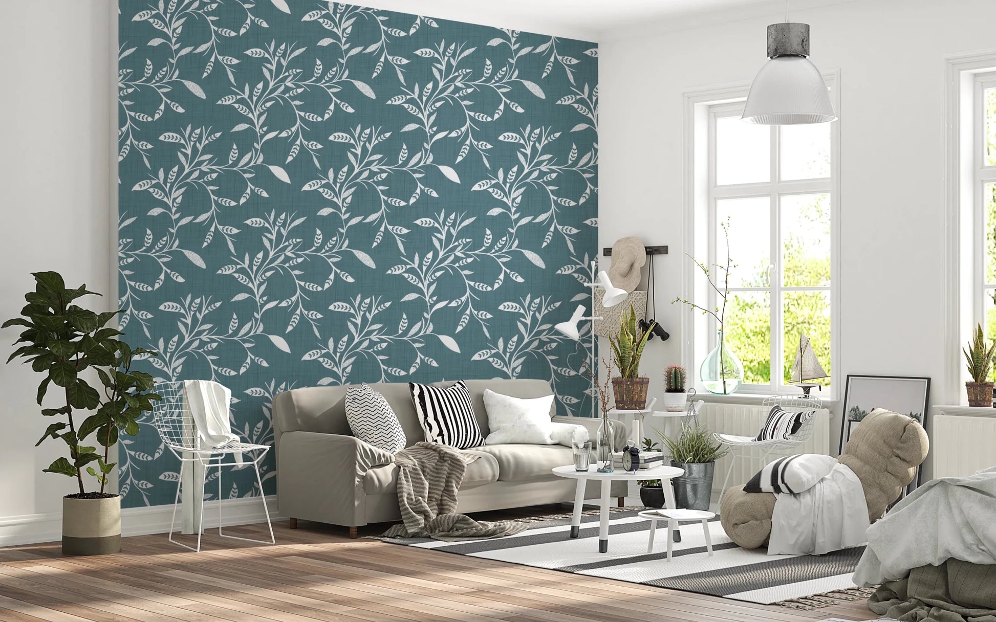 Cozy Scandi Folk Leaf Vine Nordic Blue Grey - Craft Blender Wallpaper⁠