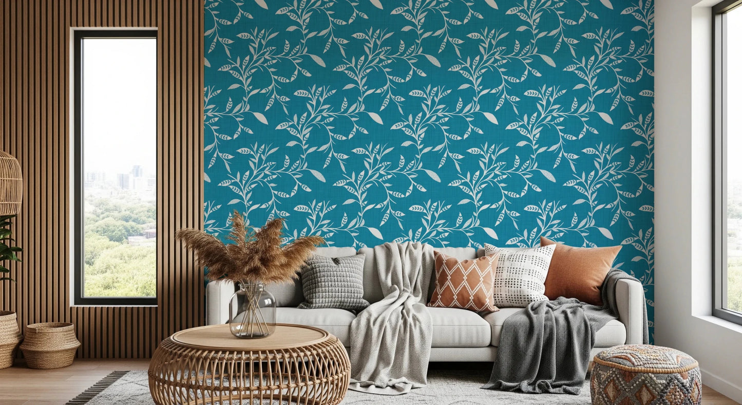 Cozy Scandi Folk Leaf Vine Nordic Teal - Craft Blender Wallpaper⁠