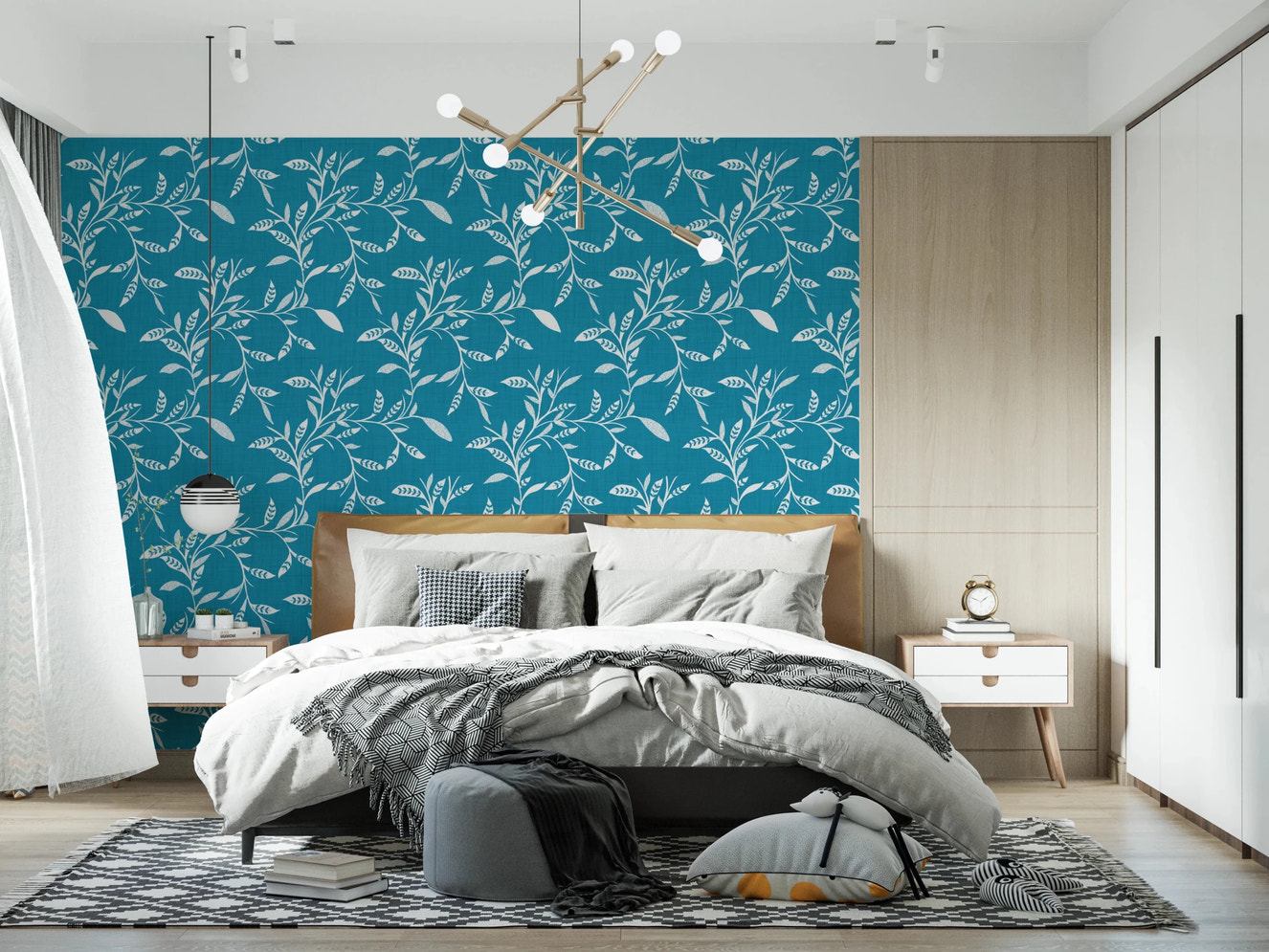 Cozy Scandi Folk Leaf Vine Nordic Teal - Craft Blender Wallpaper⁠
