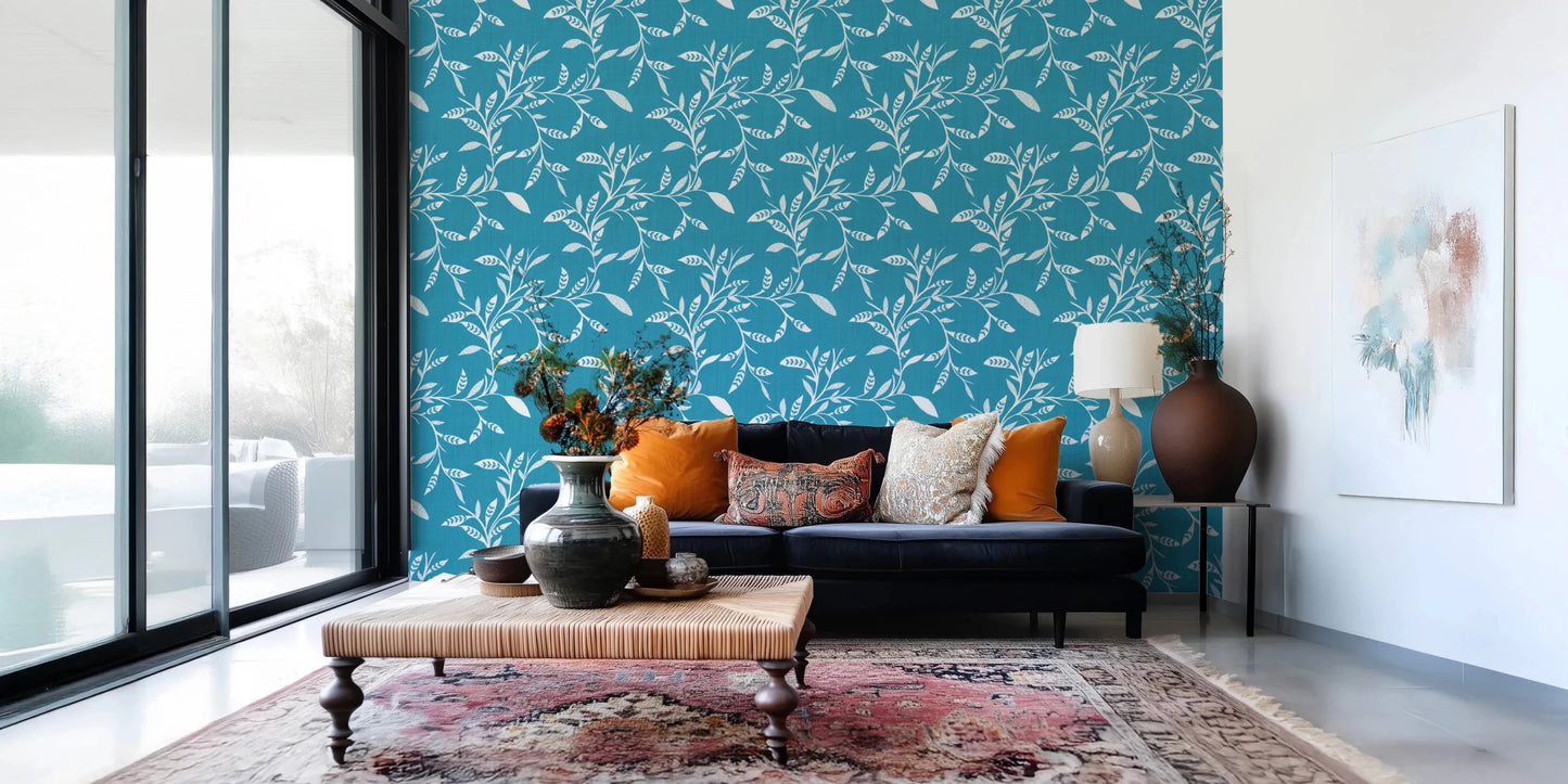 Cozy Scandi Folk Leaf Vine Nordic Teal - Craft Blender Wallpaper⁠