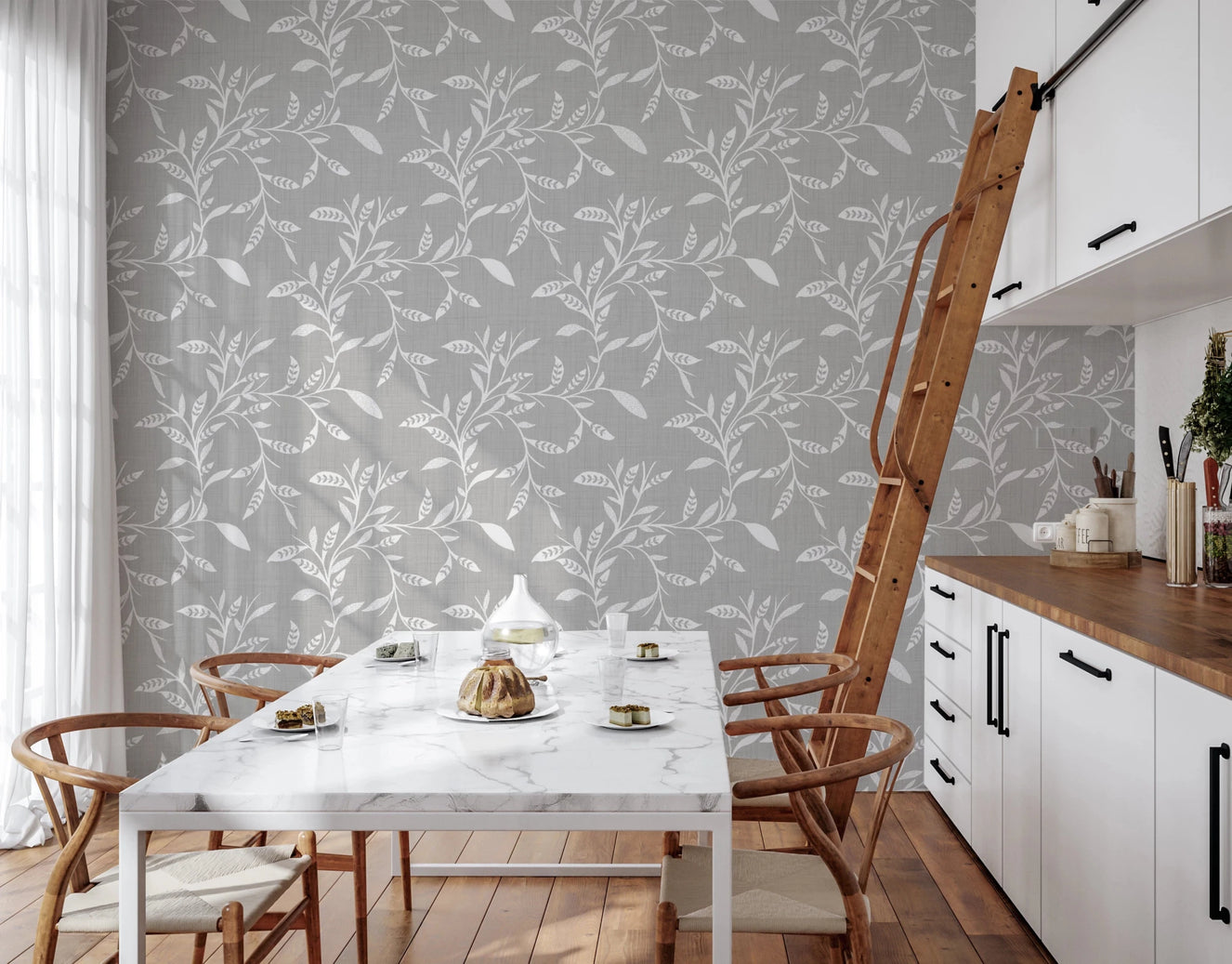 Cozy Scandi Folk Leaf Vine Warm Linen - Craft Blender Wallpaper⁠