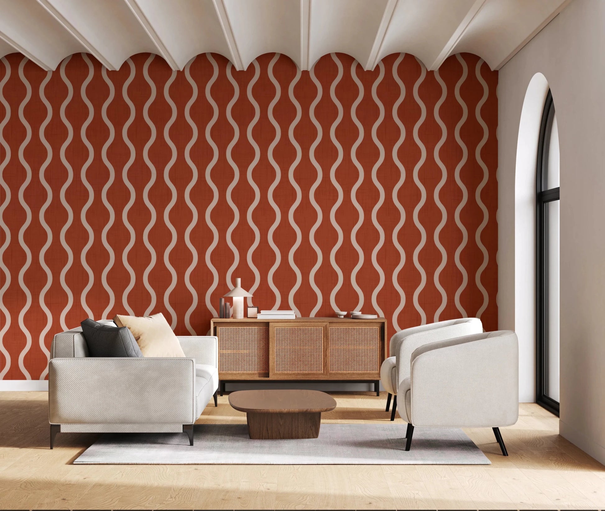 Cozy Scandi Folk Wavy Stripe Burnt Terracotta - Craft Stripe Wallpaper⁠