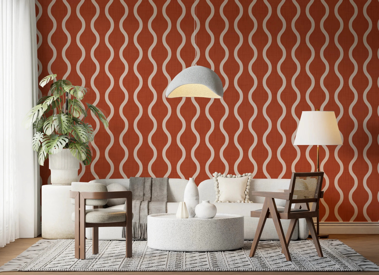 Cozy Scandi Folk Wavy Stripe Burnt Terracotta - Craft Stripe Wallpaper⁠