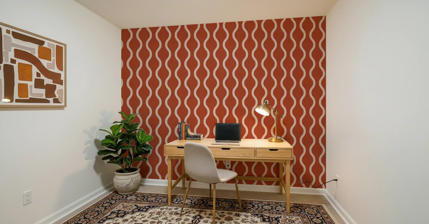 Cozy Scandi Folk Wavy Stripe Burnt Terracotta - Craft Stripe Wallpaper⁠