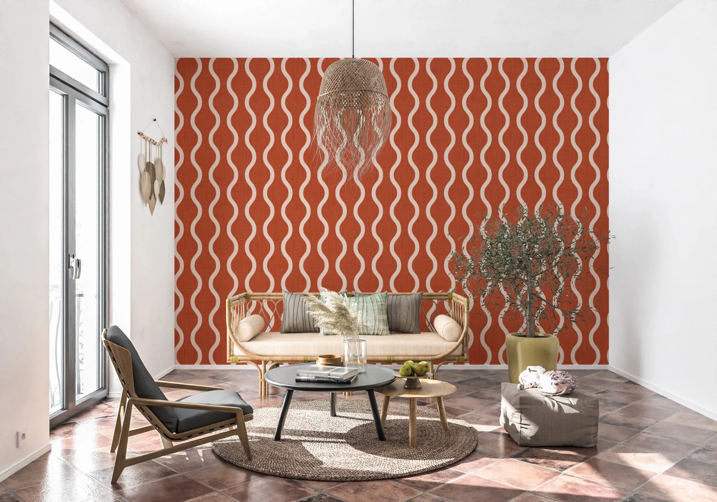 Cozy Scandi Folk Wavy Stripe Burnt Terracotta - Craft Stripe Wallpaper⁠