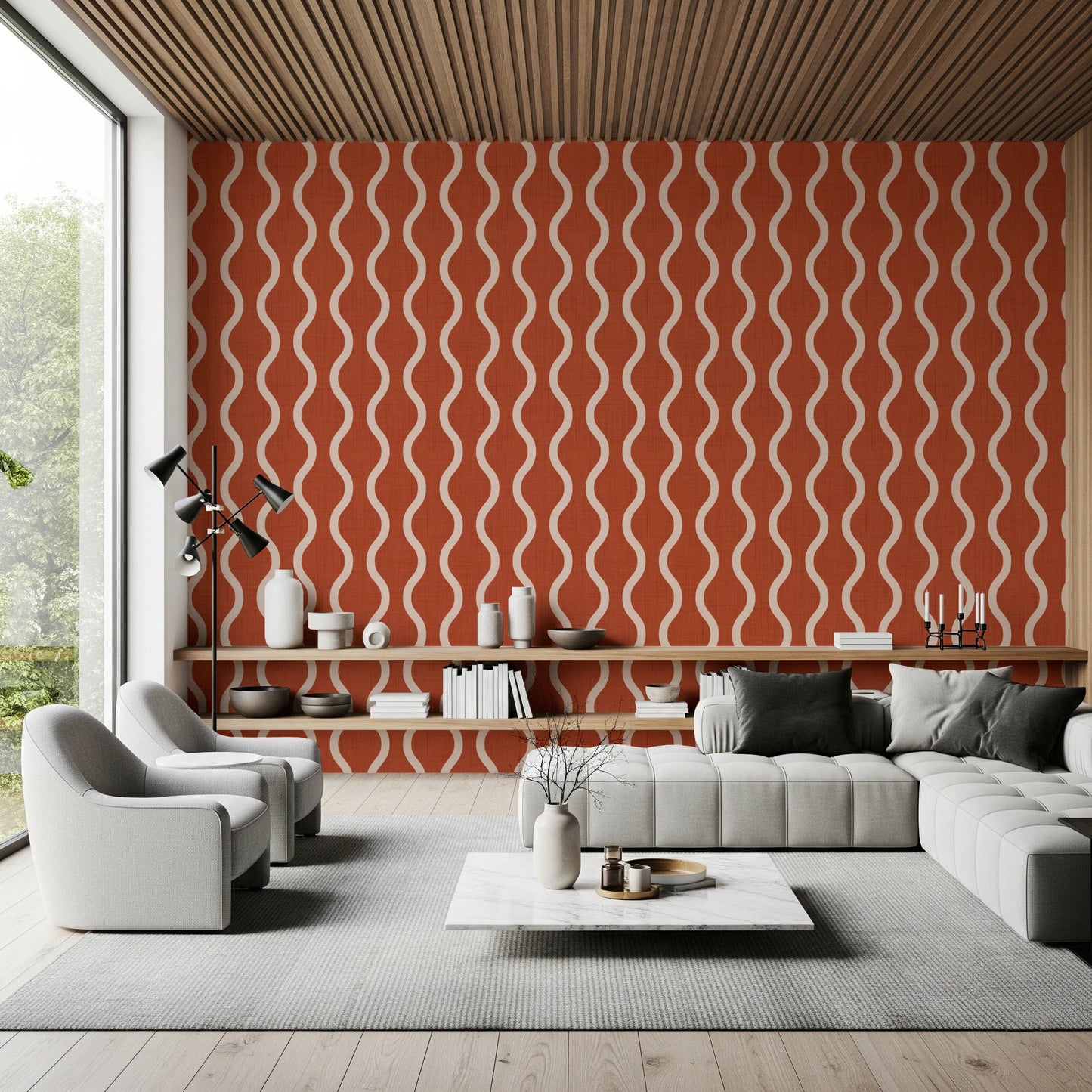 Cozy Scandi Folk Wavy Stripe Burnt Terracotta - Craft Stripe Wallpaper⁠