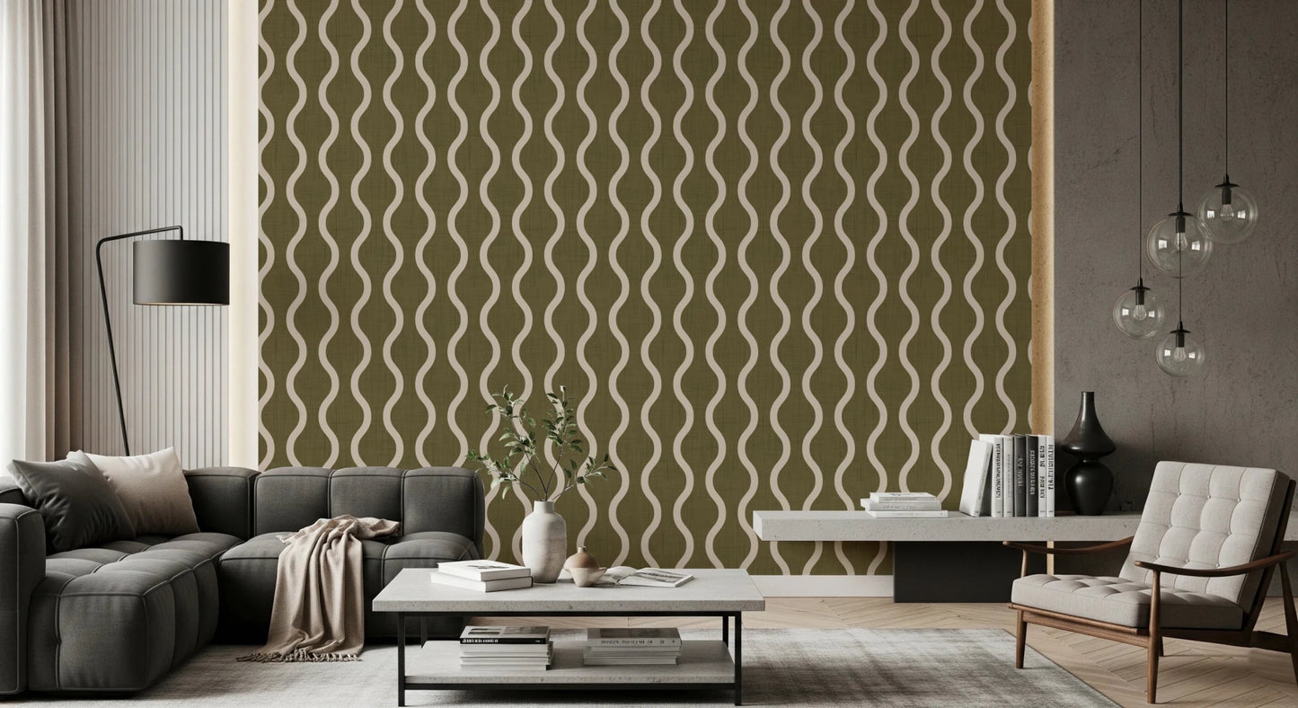 Cozy Scandi Folk Wavy Stripe Earthy Olive - Craft Stripe Wallpaper⁠