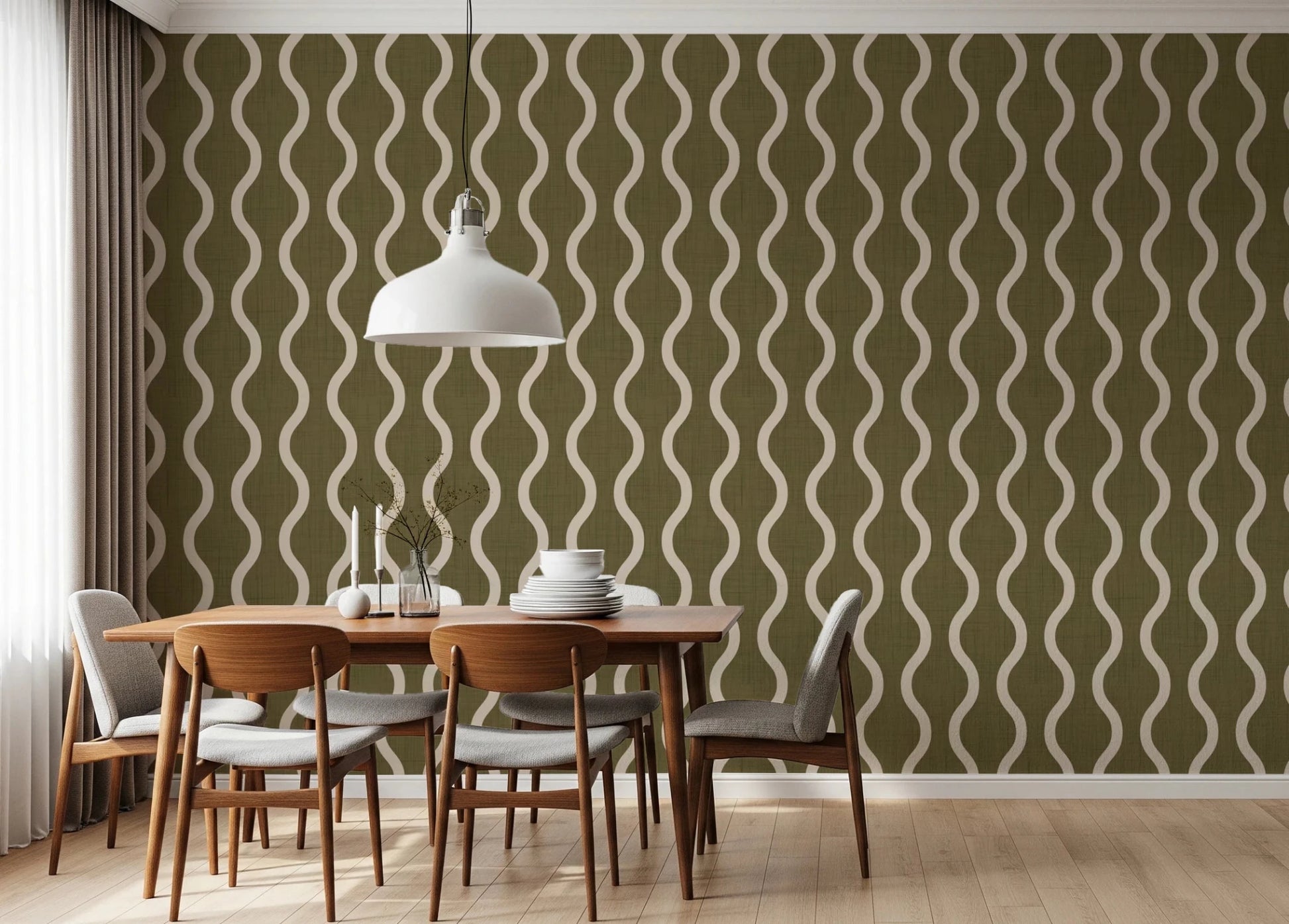 Cozy Scandi Folk Wavy Stripe Earthy Olive - Craft Stripe Wallpaper⁠