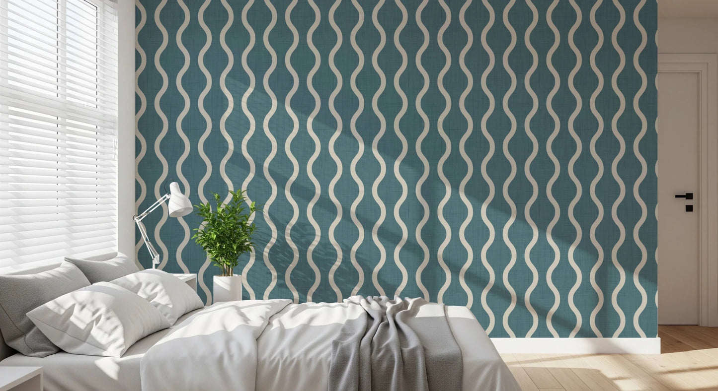 Cozy Scandi Folk Wavy Stripe Nordic Blue Grey - Craft Stripe Wallpaper⁠