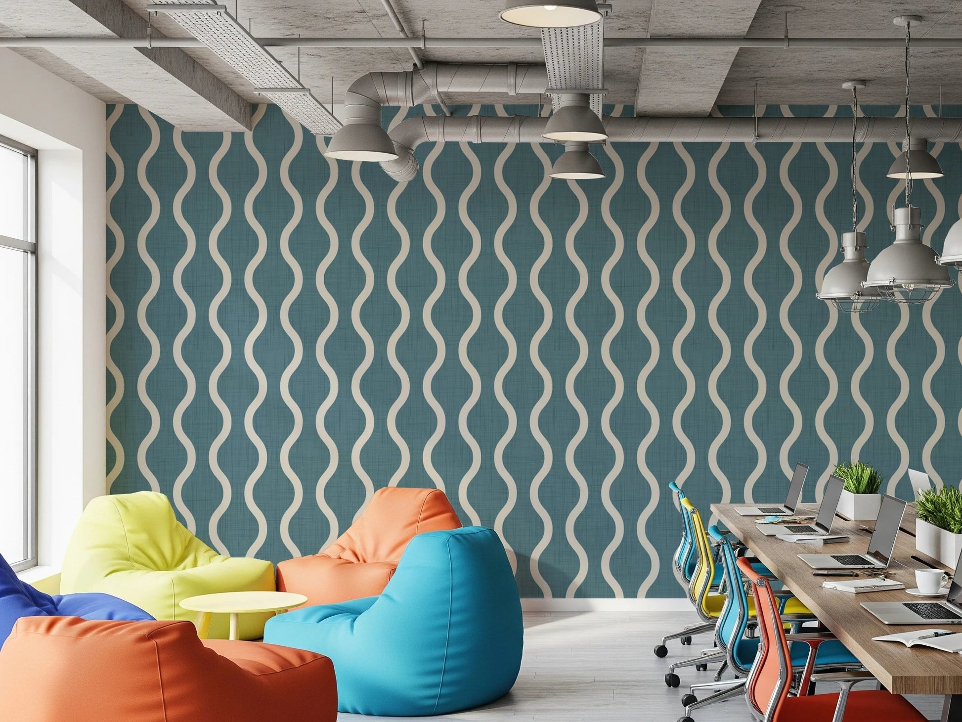 Cozy Scandi Folk Wavy Stripe Nordic Blue Grey - Craft Stripe Wallpaper⁠
