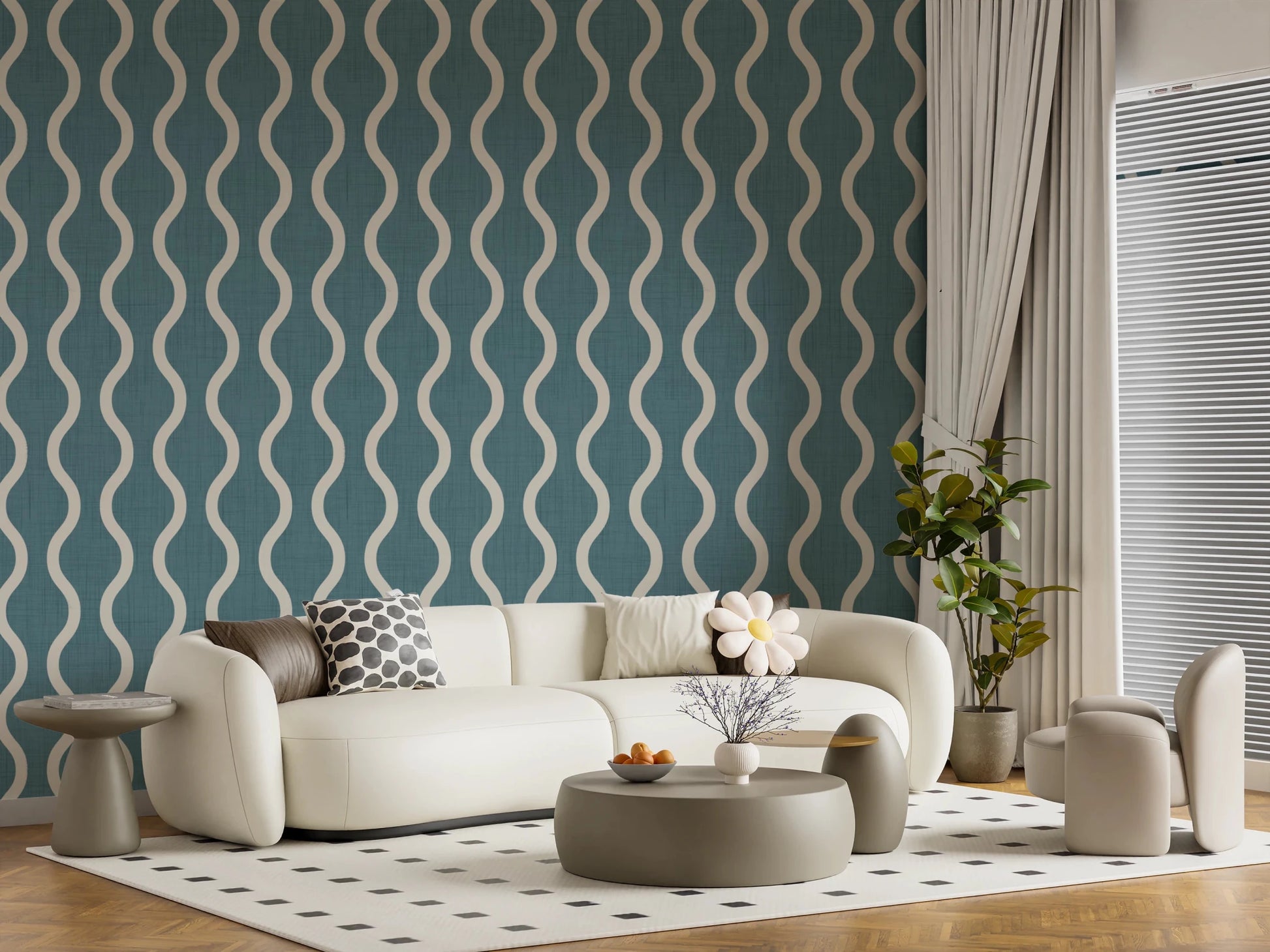 Cozy Scandi Folk Wavy Stripe Nordic Blue Grey - Craft Stripe Wallpaper⁠