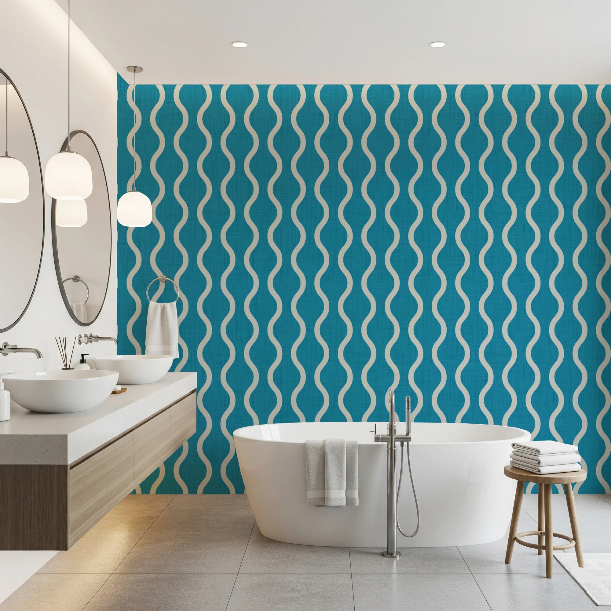 Cozy Scandi Folk Wavy Stripe Nordic Teal - Craft Stripe Wallpaper⁠